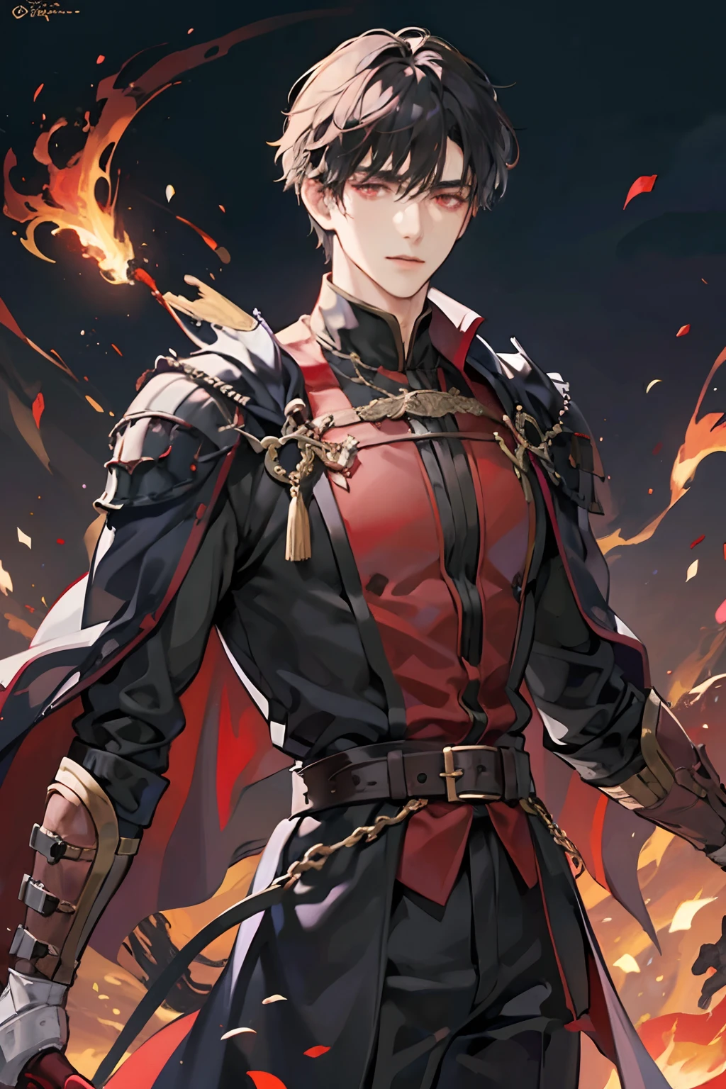 1male, dark sorcerer, adult, adult face, handsome, mature face, black hair with bangs, smooth messy hair, dark red eyes, medieval times, fantasy, condescending