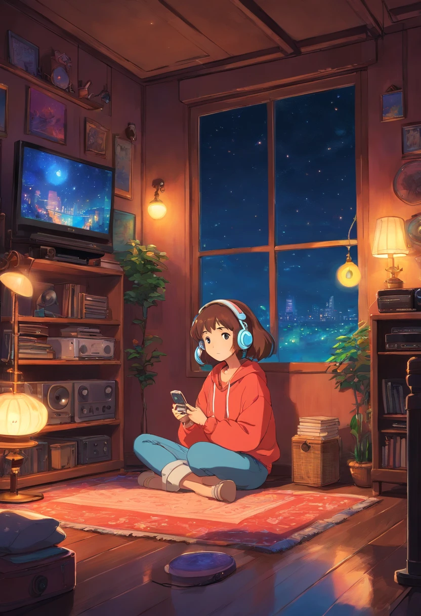 Girl listening to music in a cozy room at night, Usando fones de ouvido, Anime estilo 2D, Lo-fi, disco Rigido, Ambiente escuro