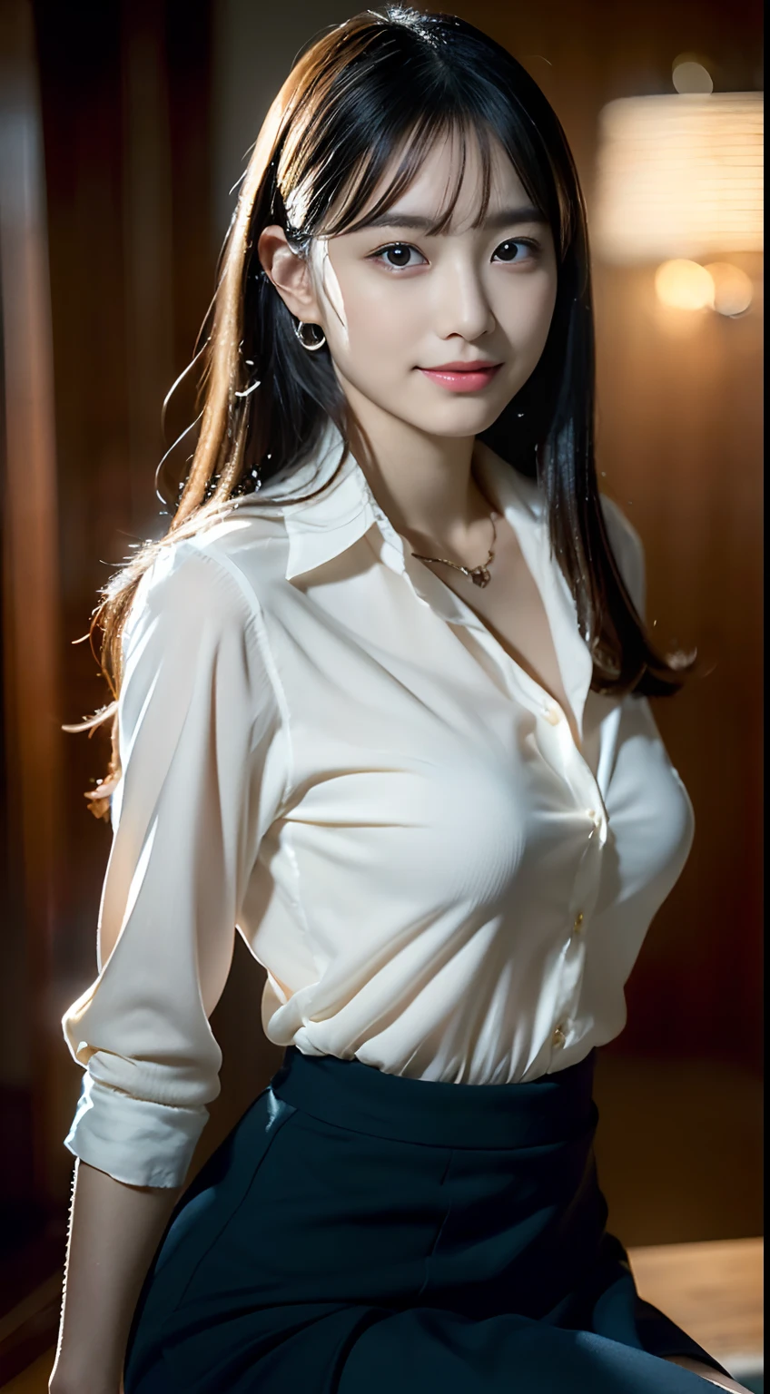 face is :9,1870450717], Bewitching beautiful mature elite secretary in luxurious silk blouse、40 years、stature　154cm、well-proportioned figure、The figure of the hourglass、Skirt and thighs、sit on a bed、A smile、Office Clothes, (Wearing pantyhose,Realistic Pantyhose)、working in an office、Wearing a satin blouse, Ultra-thin fabric、Slick、See-through fabric、Wear high-end high heels、 Blouse girl, Wearing an elegant blouse, Wearing an ultra-thin blouse, businesswoman, Blouses and skirts, Wearing a silk blouse, Wear shirts and skirts, goddess of Japan、Raw photo, (8K、top-quality、​masterpiece:1.2)、(intricate detailes:1.4)、(Photorealsitic:1.4)、octane renderings、Complex 3D rendering ultra detail, Studio Soft Light, Rim Lights, vibrant detail, super detailing, realistic skin textures, Detail Face, Beautiful detail eyes, Very detailed CG Unity 16k wallpaper, make - up, (detailedbackground:1.2), (very affectionate smile:1.2)、shinny skin、turned around、Exposed thighs!!!,