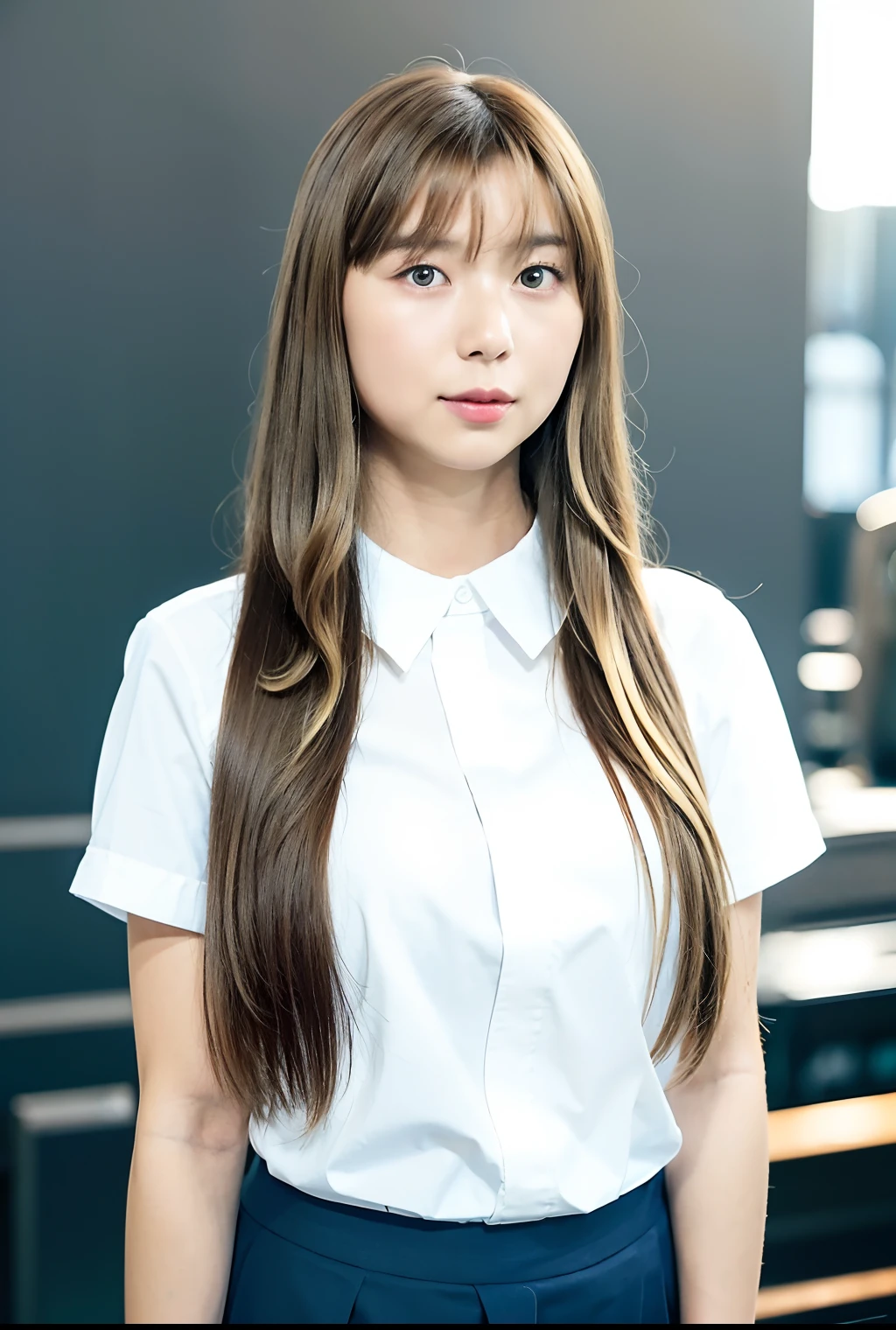 Japan schoolgirl in uniform,White short-sleeved shirt、Red Uniform Ribbon:1.2、Checked pleated skirt、pantyhose,Cute,mature youngster,17 age,Full body,nice perfect face with soft skin perfect face,(Gorgeous long straight blonde hair:1.4),8K resolution,Ultra-realistic,Ultra-detailed,hightquality,huge-breasted:1.2
