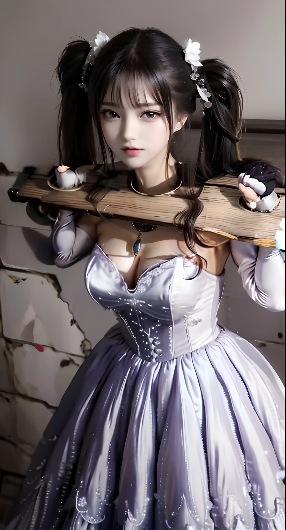 Close-up of a beautiful bride wearing a beautiful wedding dress, Gurwitz,(Pillory:1.5), (flail:1.2), flail on the head, flail on the hands,full body photo, whole body, (bridal veil: 1.5), (transparent short veil: 1.5), flushed face, head flower, tiara, Very detailed princess wedding dress,(tube wedding dress: 1.5), (silk dress: 1.2 ), (strapless wedding dress: 1.5), (floor length skirt:1.2), pure white dress,white long skirt, necklace, earrings, (huge breasts: 1.3), deep V heart-neck wedding dress, bangs, lipstick, (lace gloves: 1.3), high detail RAW Color art,