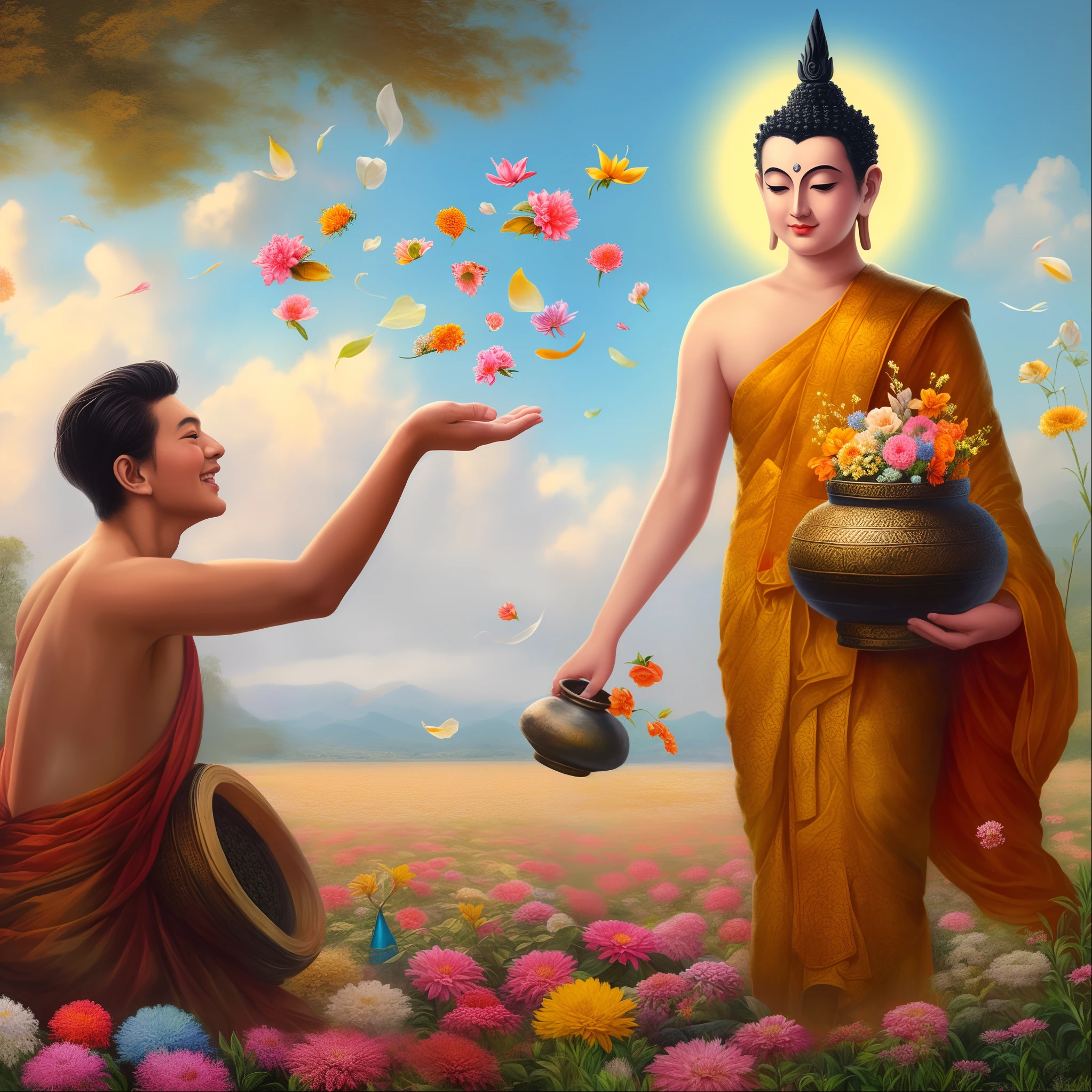 painting of a man and a woman in a field of flowers, tithi luadthong, buddhism, buddhist, buddhist art, thailand art, karma sutra, beautiful depiction, beautiful image, the buddha, buddha, coronation of the flower prince, on path to enlightenment, on the path to enlightenment, stream of love and happiness, by John La Gatta, hd wallpaper