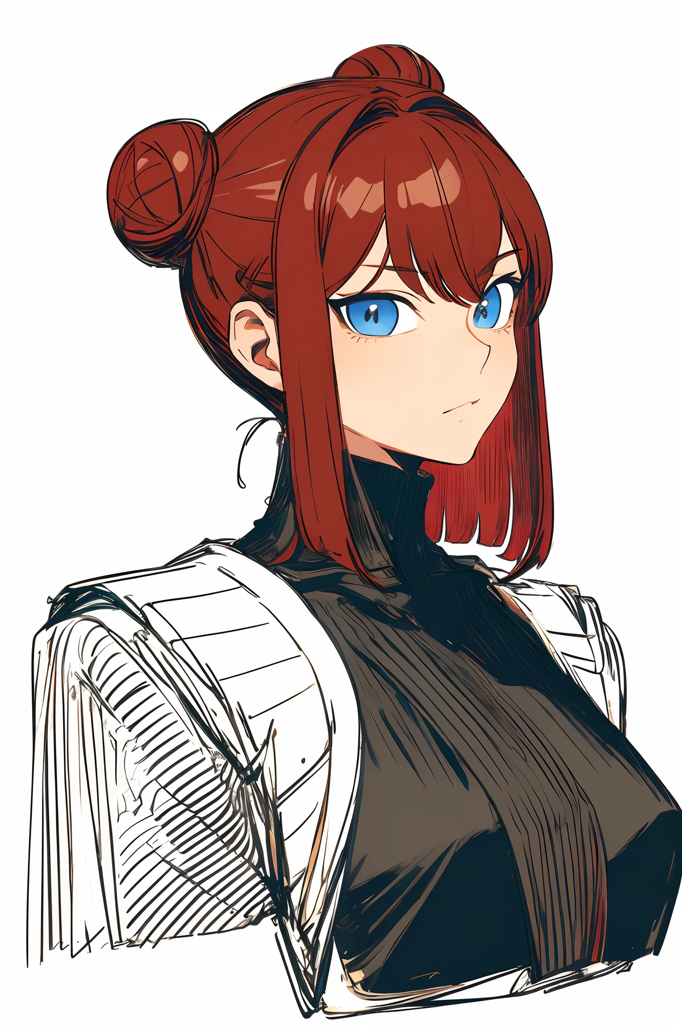 ultra detailed, masterpiece, best quality, solo, cowboy shot, facing viewer,sketch style ,a girl ,black and red hair, extremely beautiful, wearing a black top, wearing gloves, looking mildly interested ,bun hairstyle, blue eyes