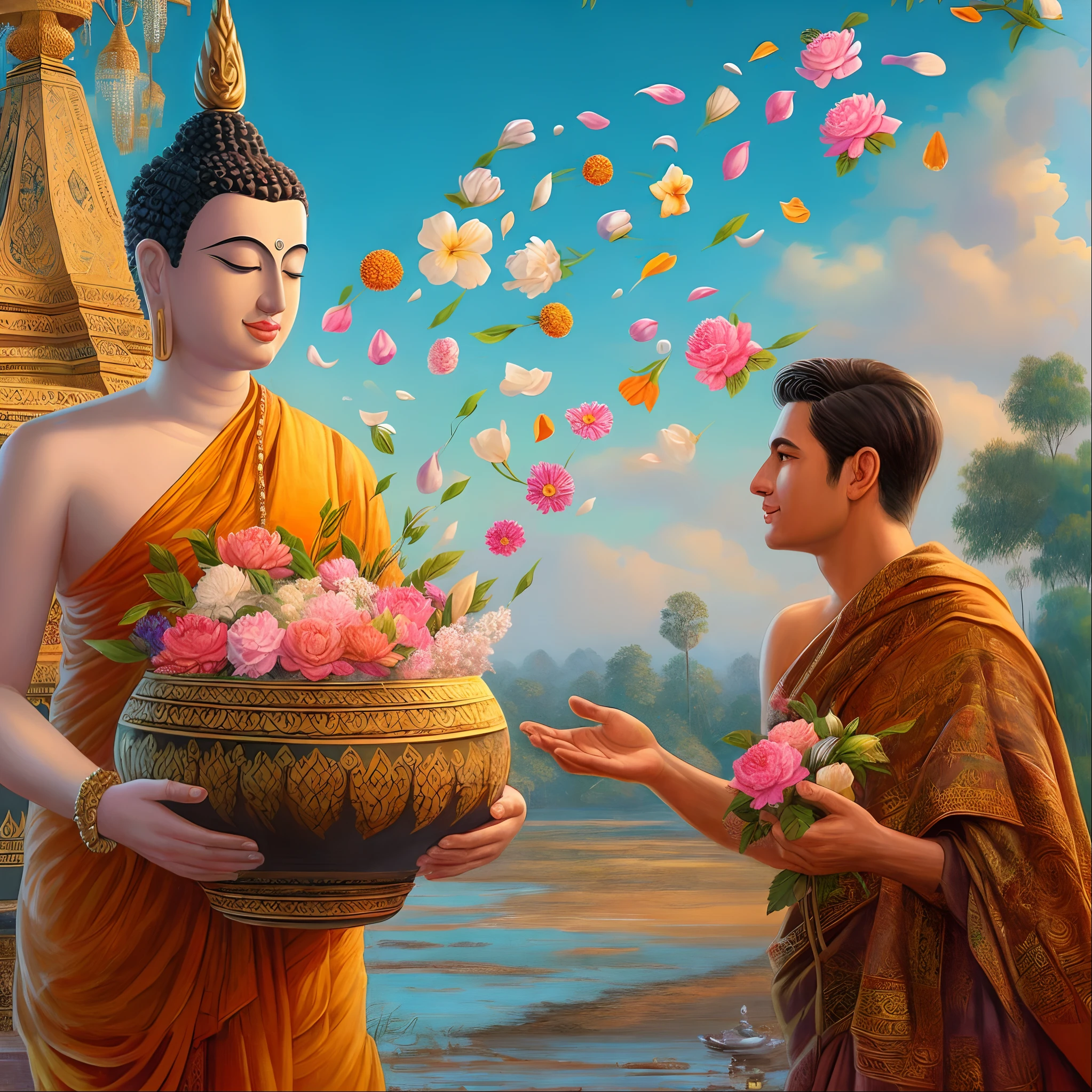 painting of a man handing a pot of flowers to a monk, buddhism, buddhist, tithi luadthong, beautiful depiction, buddhist art, beautiful aesthetic, thailand art, beautiful image, love of wisdom, serene expression, by John La Gatta, the buddha, buddha, nivanh chanthara, the platonic ideal of flowers, hindu aesthetic