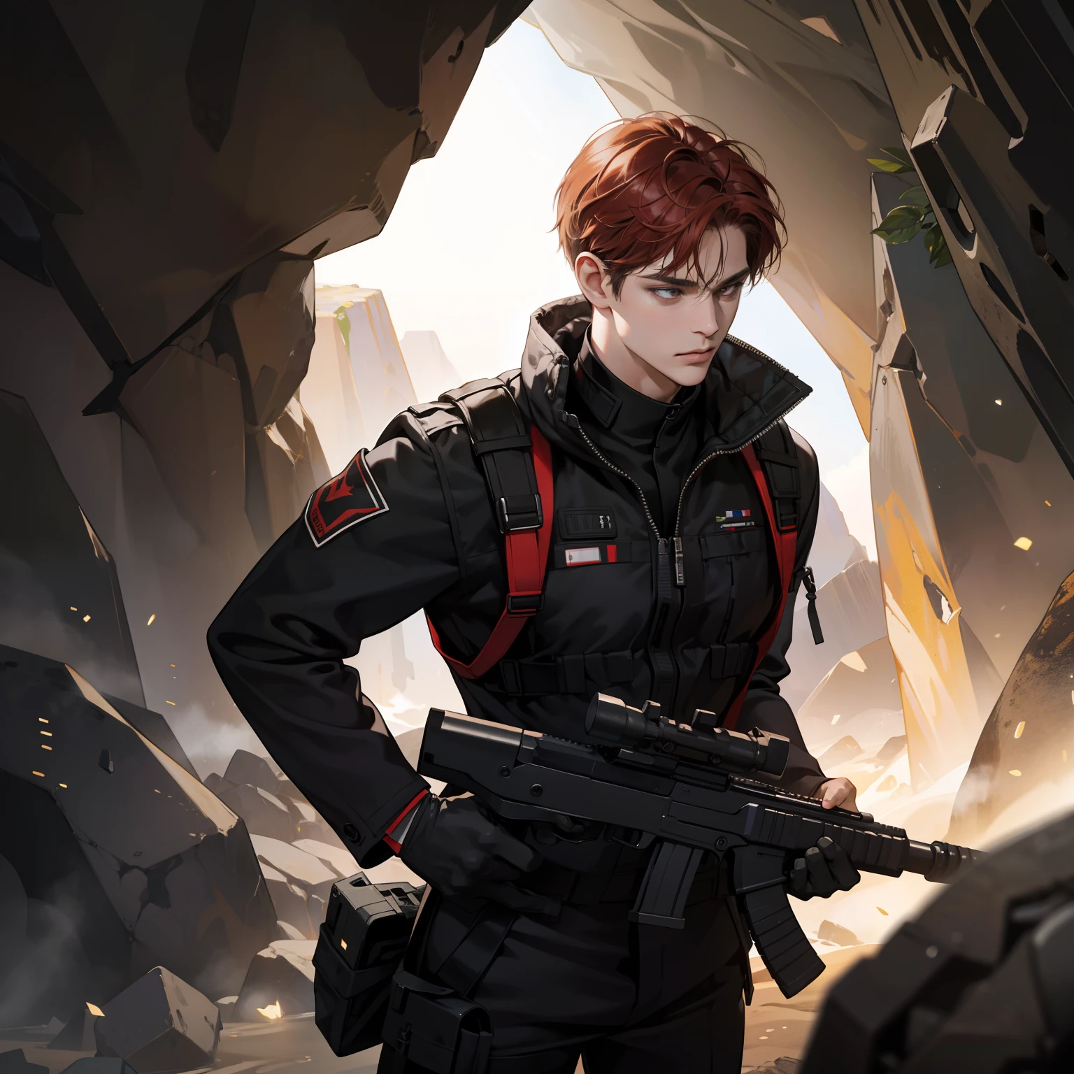 Masterpiece, high quality, best quality, HD, realistic, perfect lighting, detailed body, 1 man, red short hair, face expression, black military suit, wearing gun, in the cave