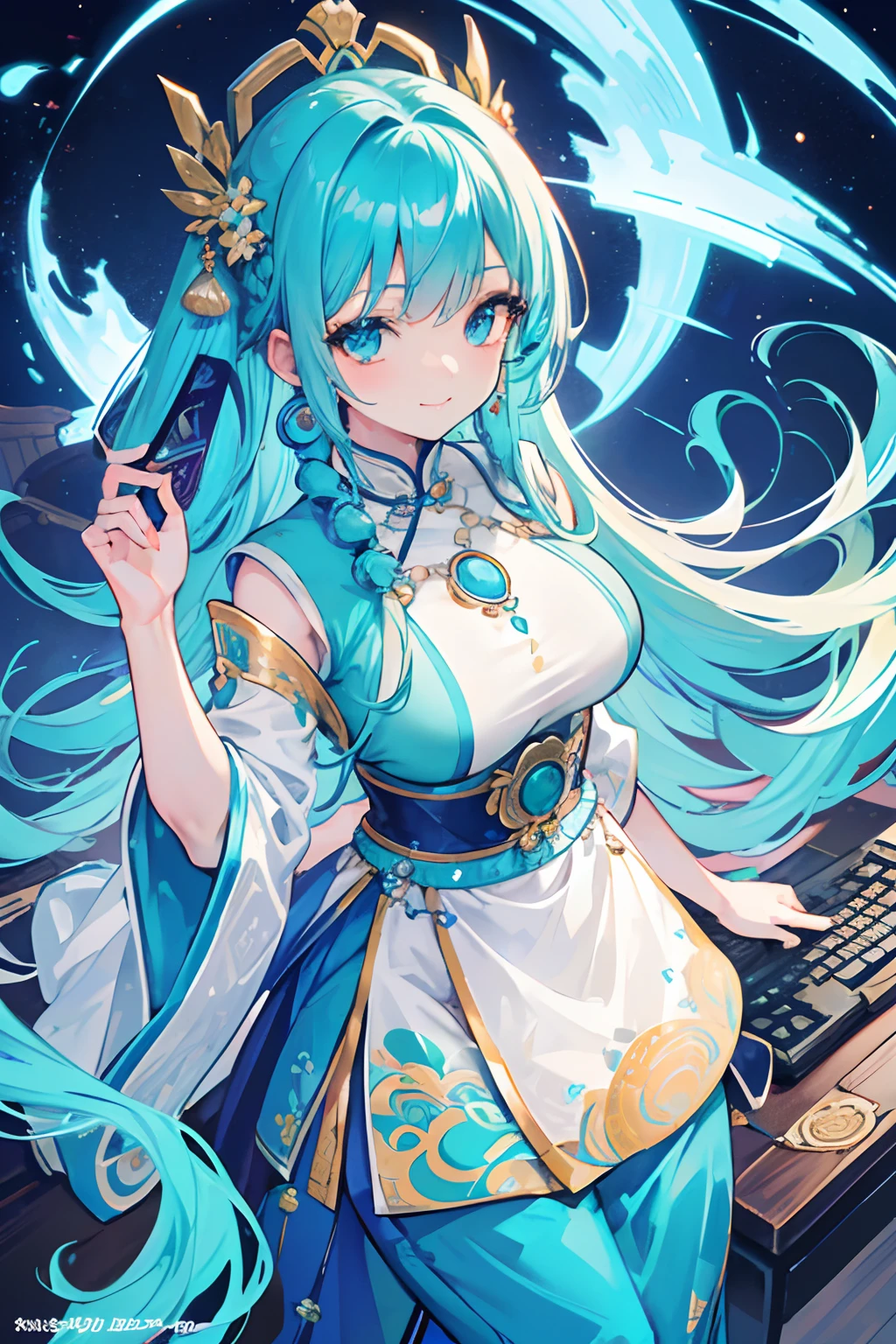 Masterpiece, Best Quality, Ultra-detailed, illustartion,(1girl),beautiful detail eyes, looking a viewer, (Holding a computer keyboard in your hands), Happy, (turquoise hair:1), (blue rounded eyes:1), (Round Earring), (Turquoise Necklace With Large Gemstones), Cute round face, Long hair, Smile, fantasy chinese clothing