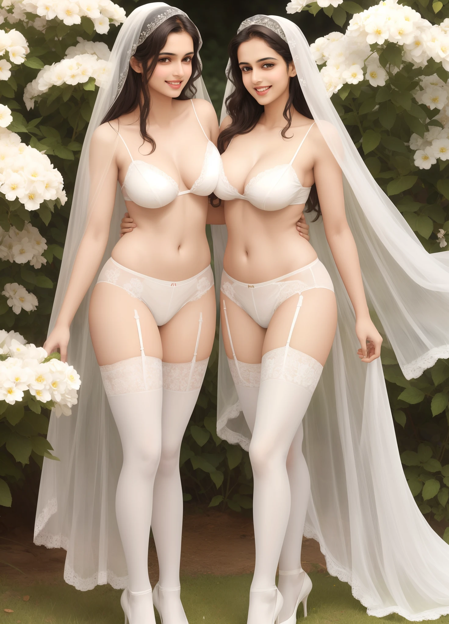 Young Indian woman,twincest,Wheat-colored face,Intellectual women,Delicate face,Shiny skin,Cheerful and happy expression,Healthy complexion,Tall, Large breasts,Chest firm,Flat lower abdomen,slenderlegs,White veil,White lace underwear,White flowers and white panties,white stockings,White heels