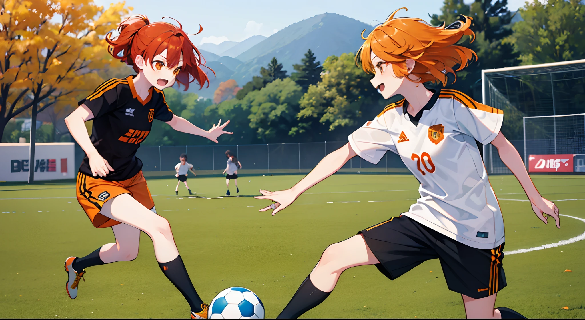 Two girls、autumnal、Orange hair、Orange Eyes、short-cut、Playing Soccer