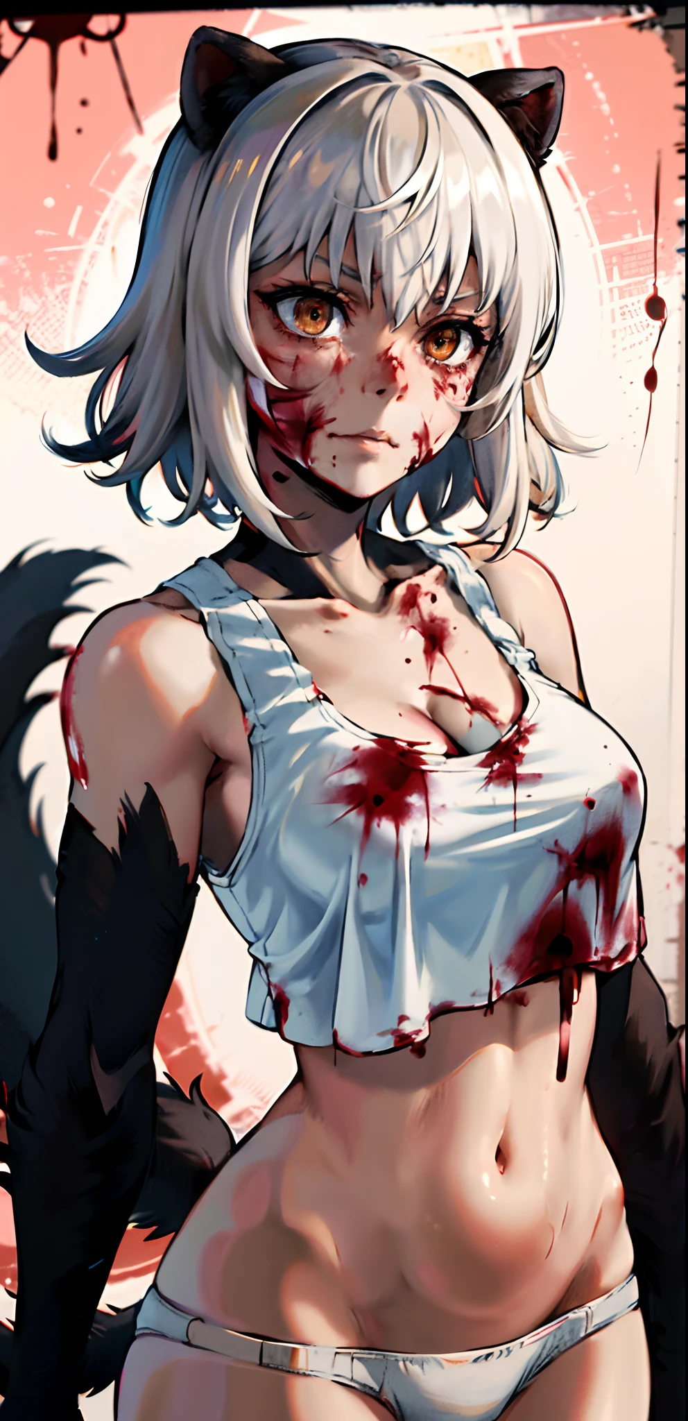 masterpiece, best quality, highres, 1girl, solo, animal ears, white hair, short hair, brown eyes, tail, medium breasts, navel, white panties, cropped tank top, cleavage, (((upper body))), standing, ((blood on face)), blood on hand, (murderer),  close-up, perfect anatomy,  dark theme, (torture room).