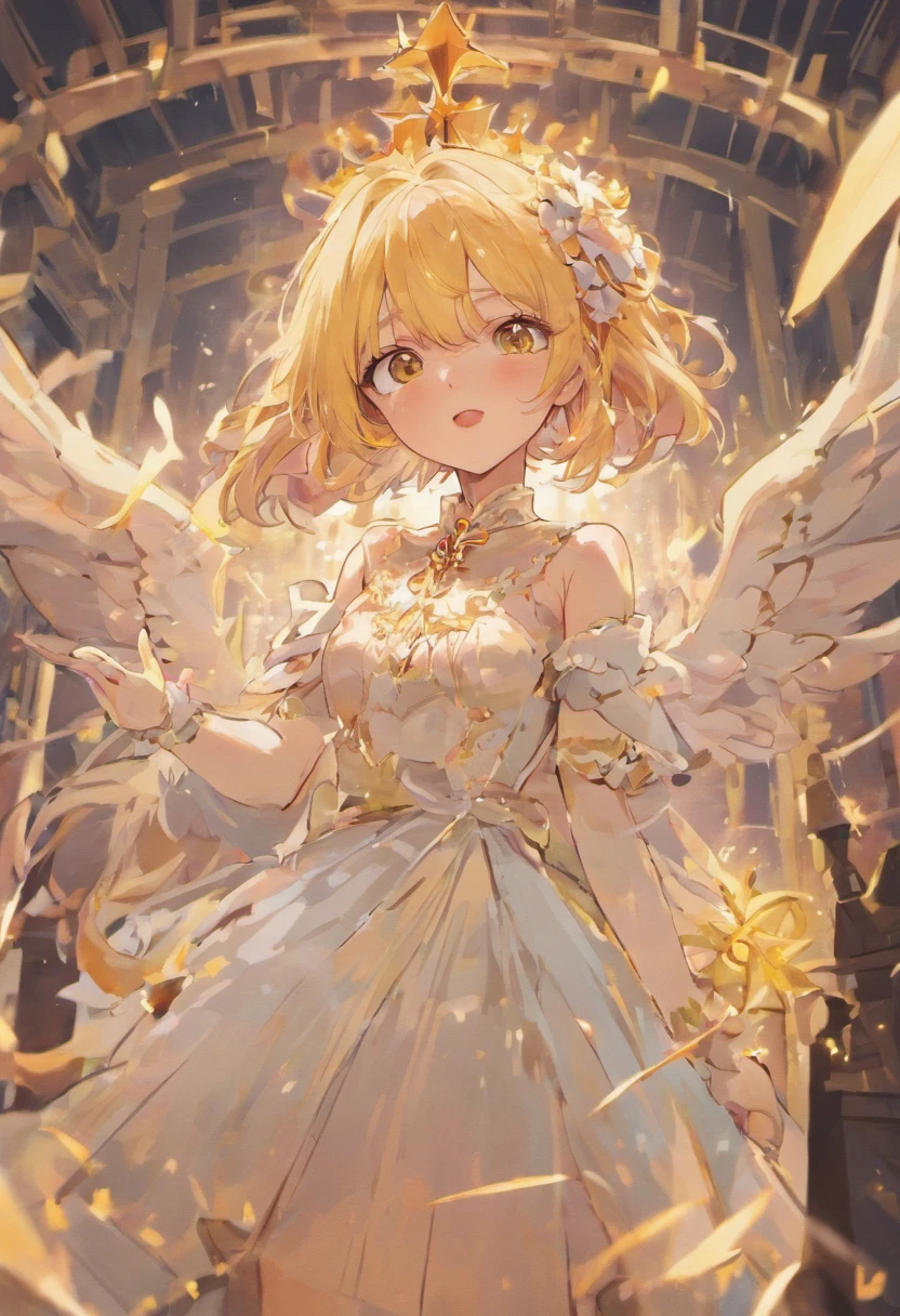 Background Classroom,There are desks,bride,Extra-long multi-layered all-inclusive wedding dress,The wedding dress is swollen,Full-length gloves,Extra-long hair,The radius of the skirt is 2 meters,There is a crown,There are necklaces,There are pendants,Rub your chest with your hands,Frightened open mouth,The upper part of the body