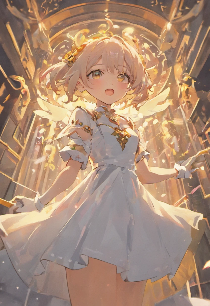 Background Classroom,There are desks,bride,Extra-long multi-layered all-inclusive wedding dress,The wedding dress is swollen,Full-length gloves,Extra-long hair,The radius of the skirt is 2 meters,There is a crown,There are necklaces,There are pendants,Rub your chest with your hands,Frightened open mouth,The upper part of the body