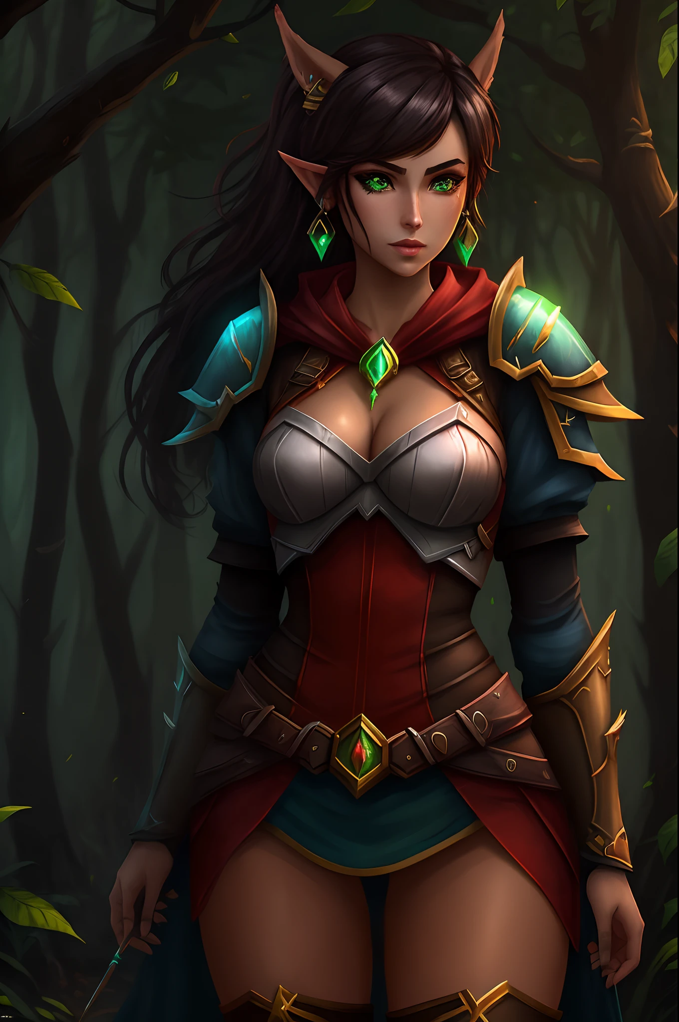 “World of Warcraft” female “blood elf” hunter “tan skin” “chin length black hair” “glowing green eyes” “short ears” “no earrings” “blue armor” “bow and arrows “ “full body” “photorealistic” “Forrest background”