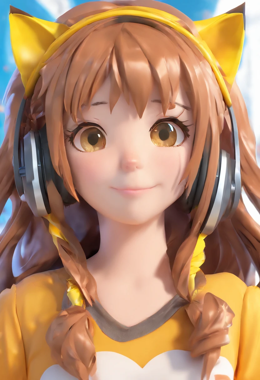 A brownish hair, double tails, Earphone, yellow hair ribbon, Cat ears, anime big breast,Cat stereogram First-person perspective, hyper HD