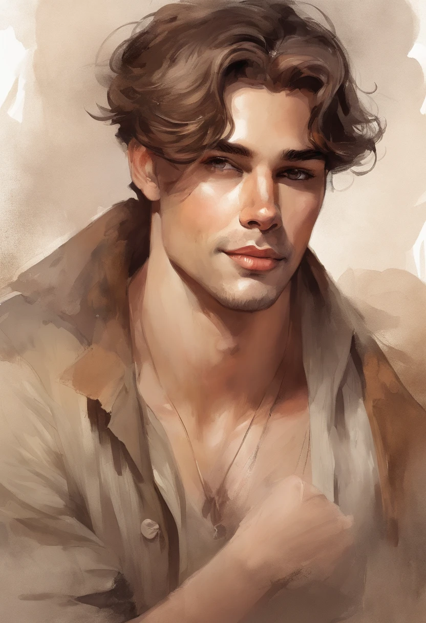 1/2 body, whole body, Vintage watercolor, beautiful man with short brown hair, dark tan skin tone, happy face, head up, closed eyes , arms raised, a simple minimal art with soft colors, using Boho style, tale of fairy, not laminated, Disney movie m close-up of a cartoon character, cute detailed digital art, digital painting, high quality 8k detailed art, loish and wlop, Guweiz style art , painting art, cute digital art, detailed digital painting,