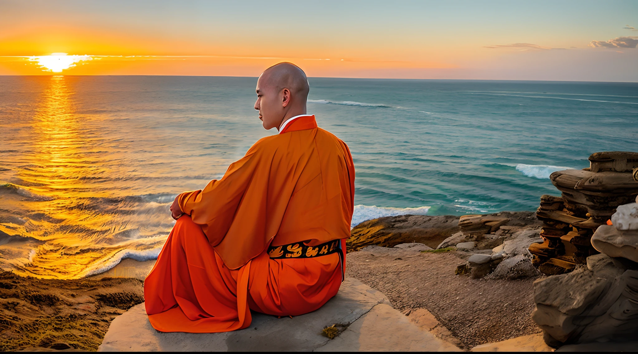 Bald Asian monk. He is 9 in an orange-yellow robe. It sitting on the edge of a cliff above the sea. Sunset.seeing the horizon of sea,meditation, backside of image