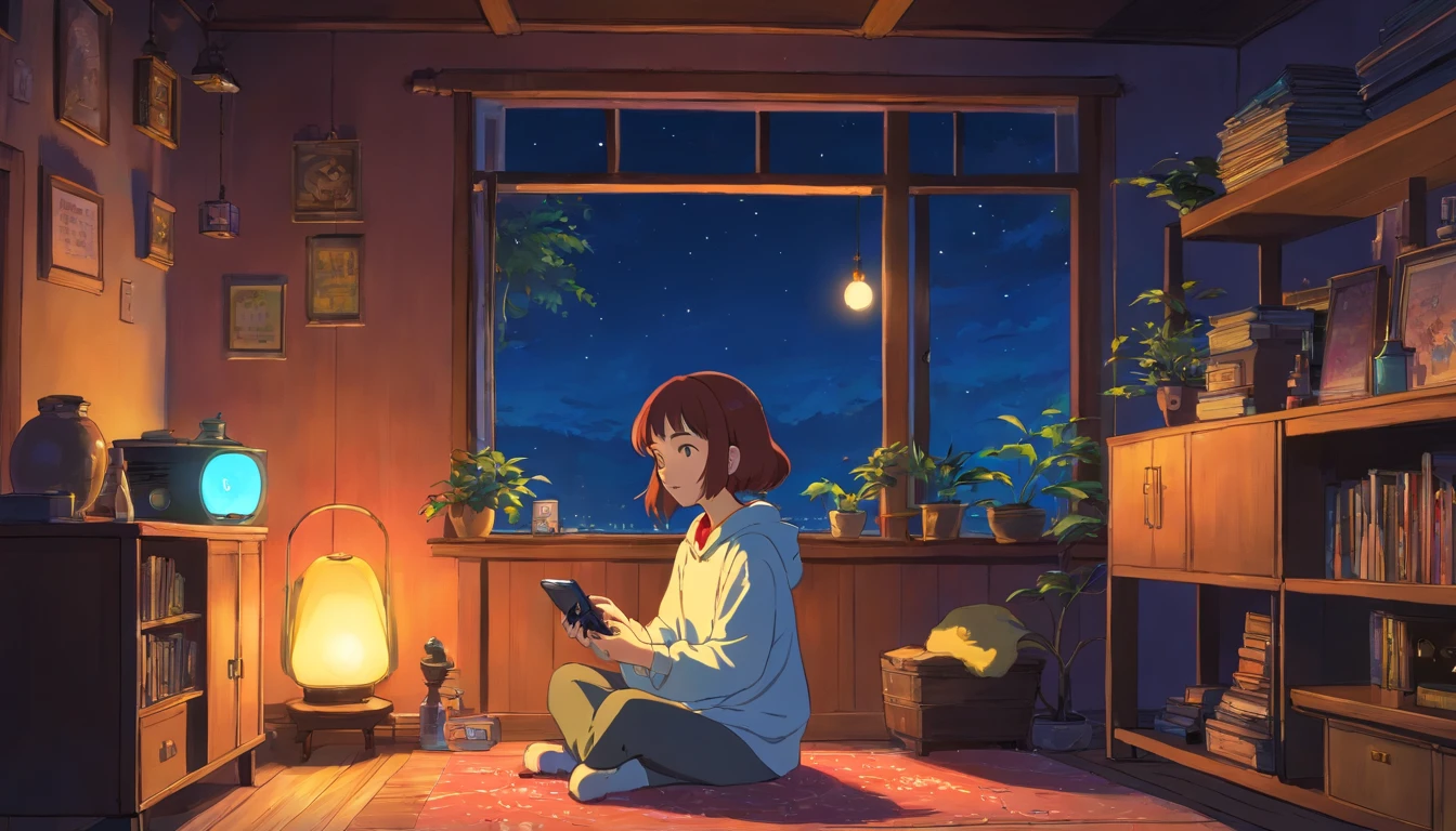 Girl listening to music in a cozy room at night, Usando fones de ouvido, Anime estilo 2D, Lo-fi, hd, Ambiente escuro