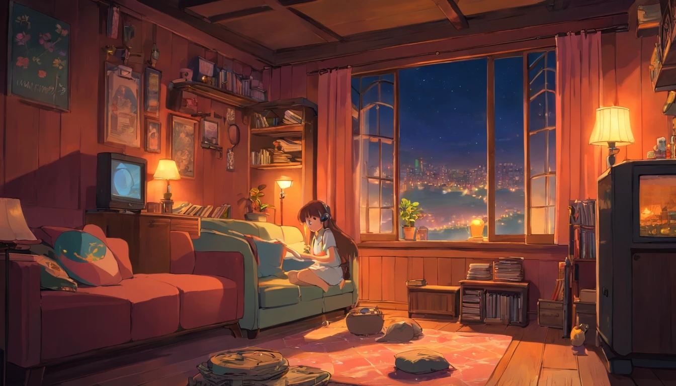 Girl listening to music in a cozy room at night, Usando fones de ouvido, Anime estilo 2D, Lo-fi, hd, Ambiente escuro