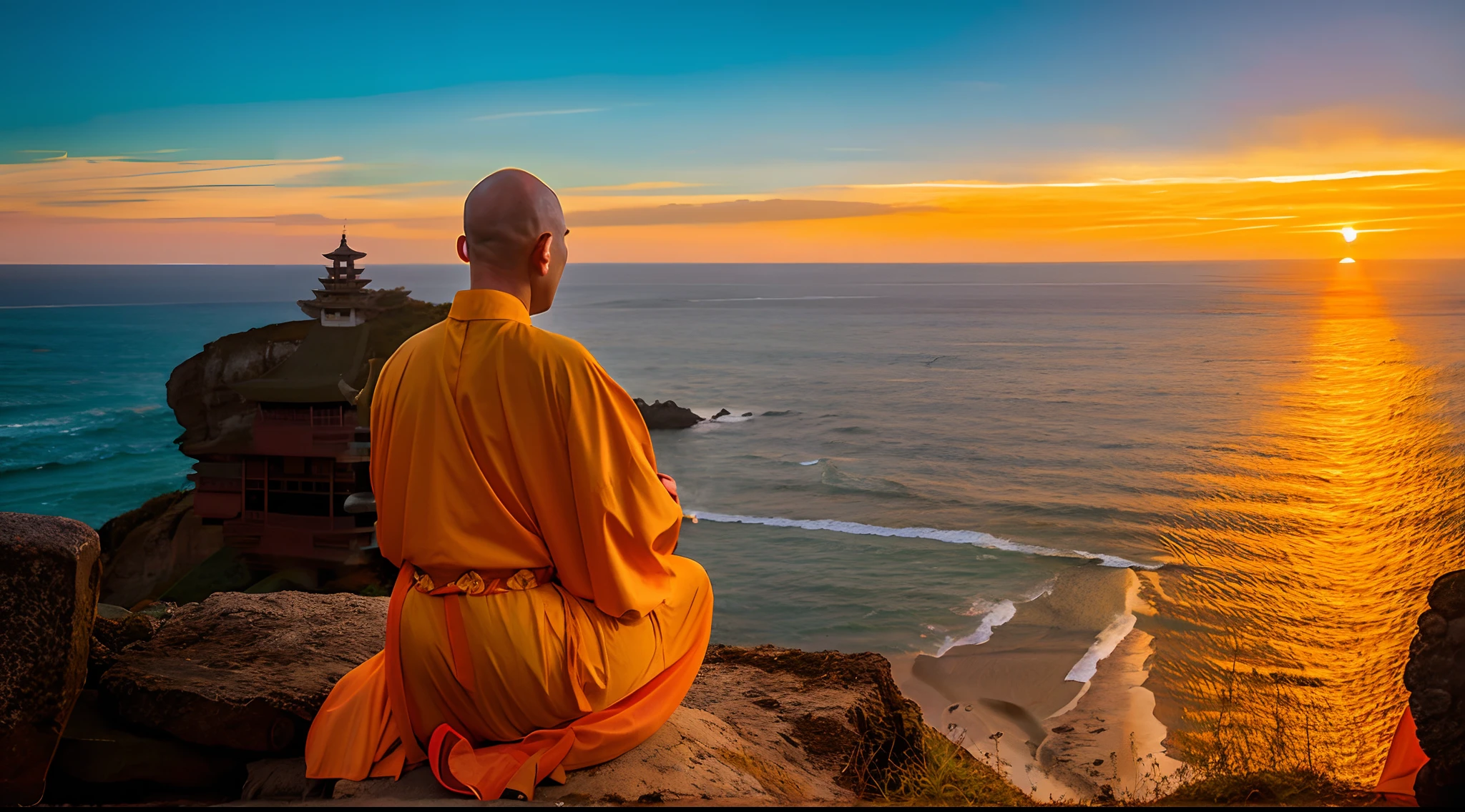 Bald Asian monk. He is 9 in an orange-yellow robe. It sitting on the edge of a cliff above the sea. Sunset.seeing the horizon of sea,meditation, backside of image