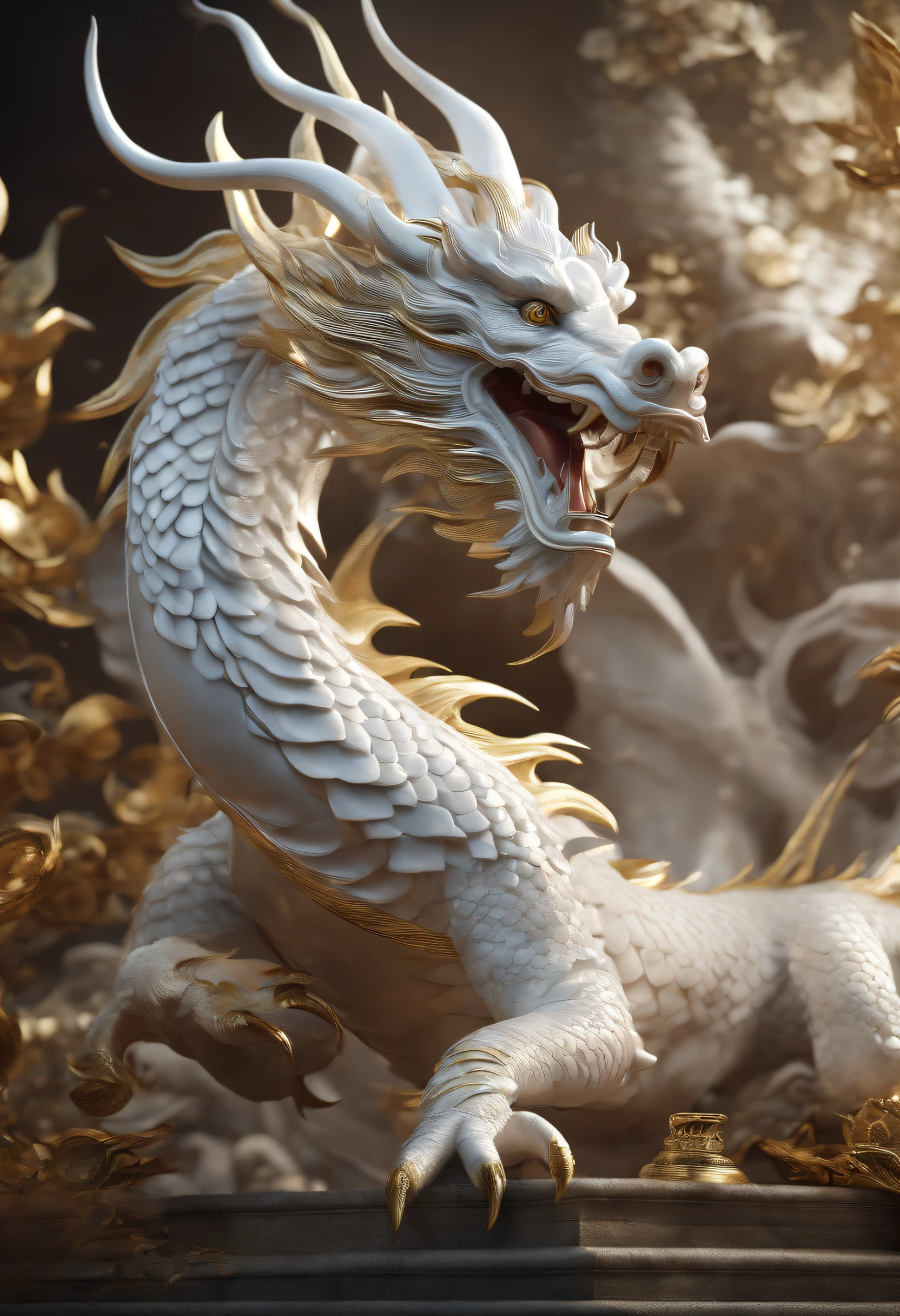 "Very nice 3d rendering of white Chinese dragon,Dynamic representation, Vivid effects and details,Top image quality,A high resolution,plethora of colors, A bunch of coins, treasure"