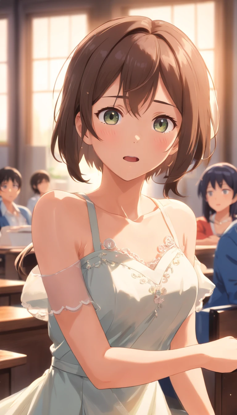(best quality,4k,8k,highres,masterpiece:1.2),ultra-detailed,(realistic,photorealistic,photo-realistic:1.37),classroom background,desk,bride,gown with multiple layers and full coverage,exquisite floral details,flowing floor-length gloves,extra-long hair,skirt with a radius of 2 meters,crown,necklace,pendant,hand pressing against chest,wide-eyed expression,mouth wide open,upper body