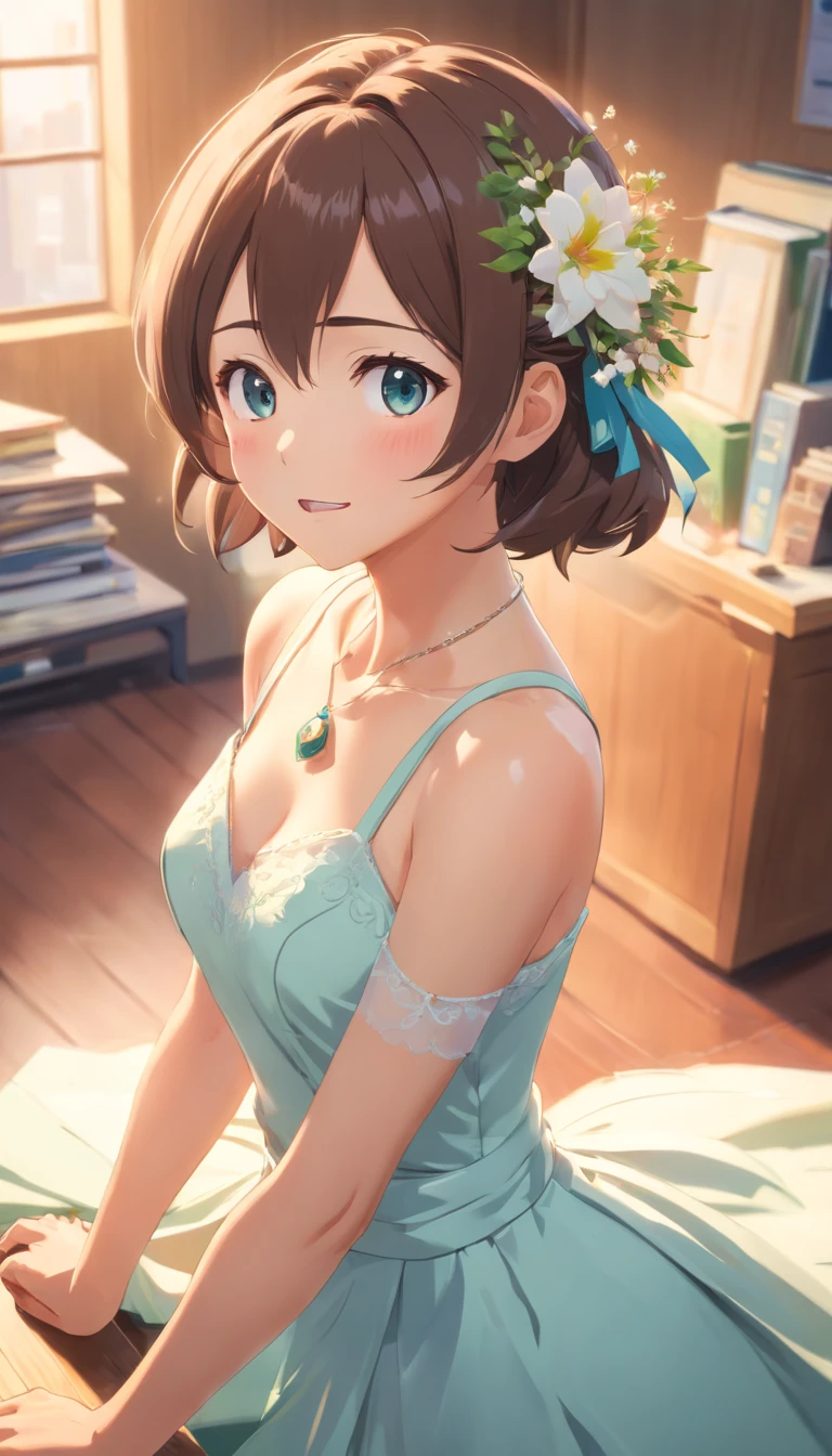 (best quality,4k,8k,highres,masterpiece:1.2),ultra-detailed,(realistic,photorealistic,photo-realistic:1.37),classroom background,desk,bride,gown with multiple layers and full coverage,exquisite floral details,flowing floor-length gloves,extra-long hair,skirt with a radius of 2 meters,crown,necklace,pendant,hand pressing against chest,wide-eyed expression,mouth wide open,upper body