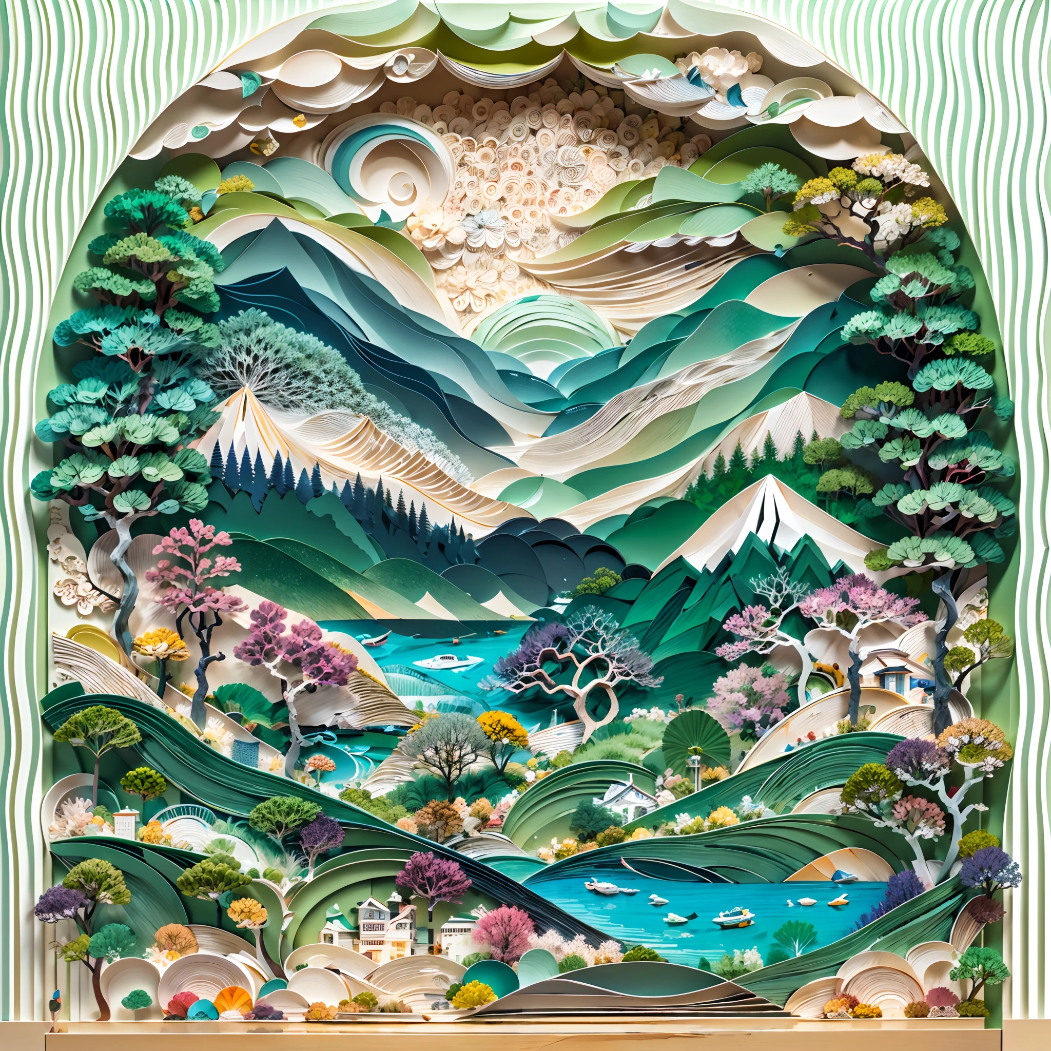 (with blue sky and white clouds,Green Mountains and Green Water,terraced),((arte em papel cortado,layered paper art,Flat paper cutout,Stacked,Hollow-out on,3Drenderingof))