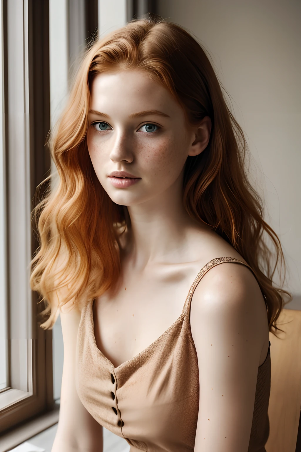 1girl in, age19, Solo, Aesthetic artwork, irish redhead, wavy ginger hair, shoulder length ginger hair, gray eyes, light grey eyes, some small freckles, pale skin, A-cup, small breasts, runners body, (textured skin, skin pores:1.1), (moles:0.8), imperfect skin, goosebumps, sitting down having coffee, drinking coffee, (extremely detailed 8k wallpaper), soft lighting, high quality, film grain, Fujifilm XT3 sharp focus, f 5.6, 50mm, High Detail, Sharp focus,(natural light), in a brown colored dress. A brown sundress, floral pattern sundress, crazy details, complex details, hyperdetailed