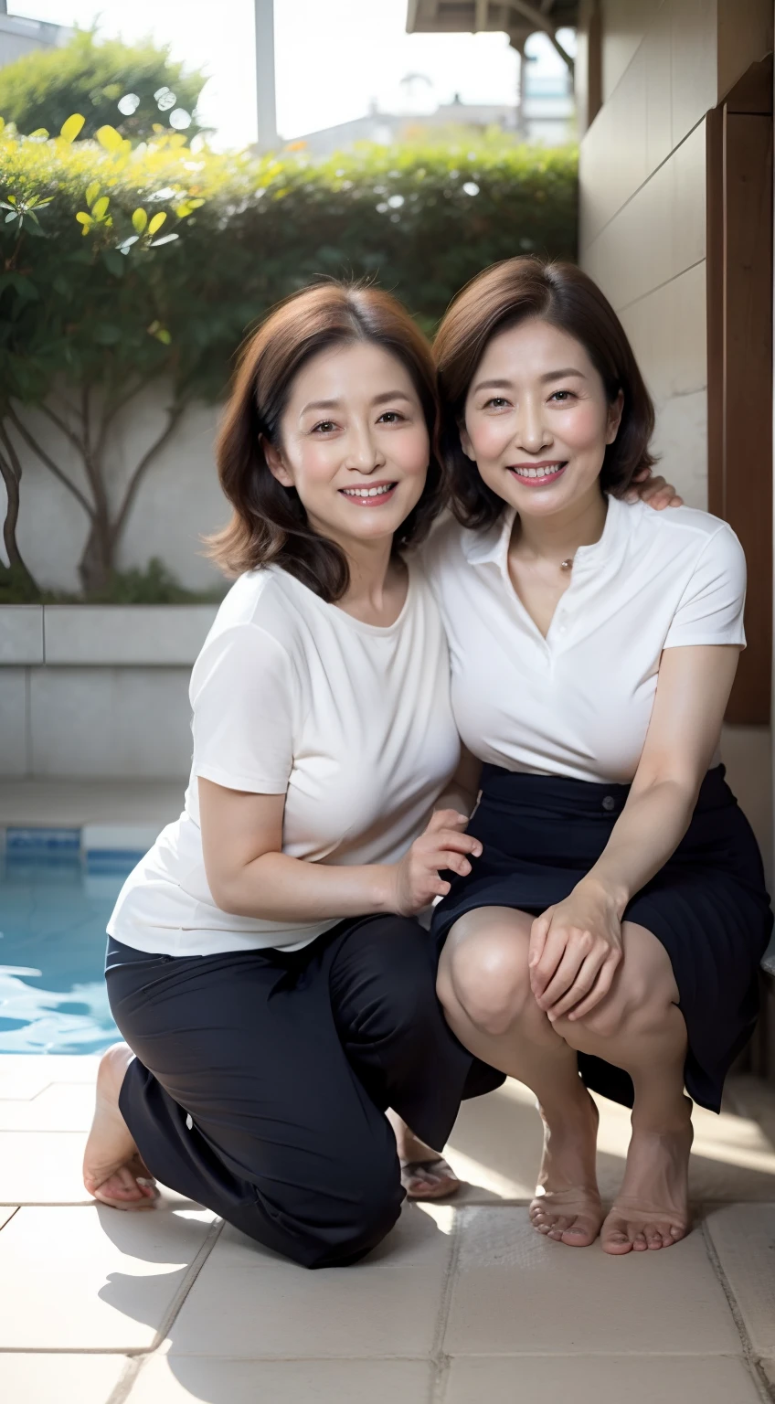 Draw a mother and daughter kneeling in a pool at the same time，One photo contains a mother and daughter，plumw，long leges，tee shirt，Denim skirt，Both legs are open，In the bathroom，Squat，The mother is 50 years old，Raised sexy，plumw，Large breasts，big cuvy hips，All exposed to the navel，Female，big pelvis，Full body photo，Black heels，Long legs with white skin，Shiny，mature pretty woman，Open your legs，Do not show your breasts， Be conservative in the picture，Smile，Daylight，Looks like 1.8 meters tall，Large breasts，big cuvy hips，Thin waist，Many wrinkles， Long legs，skin hyper-detail，Clear pores，in a panoramic view，Cocked buttocks，Mature at 90 years old，A noble and elegant Japanese woman, Perfect face, Fantastic look, (Detailed facial features), Clean and nice face，Photorealistic, Sharp focus, Wavy hair, Wrinkles at the corners of the eyes,