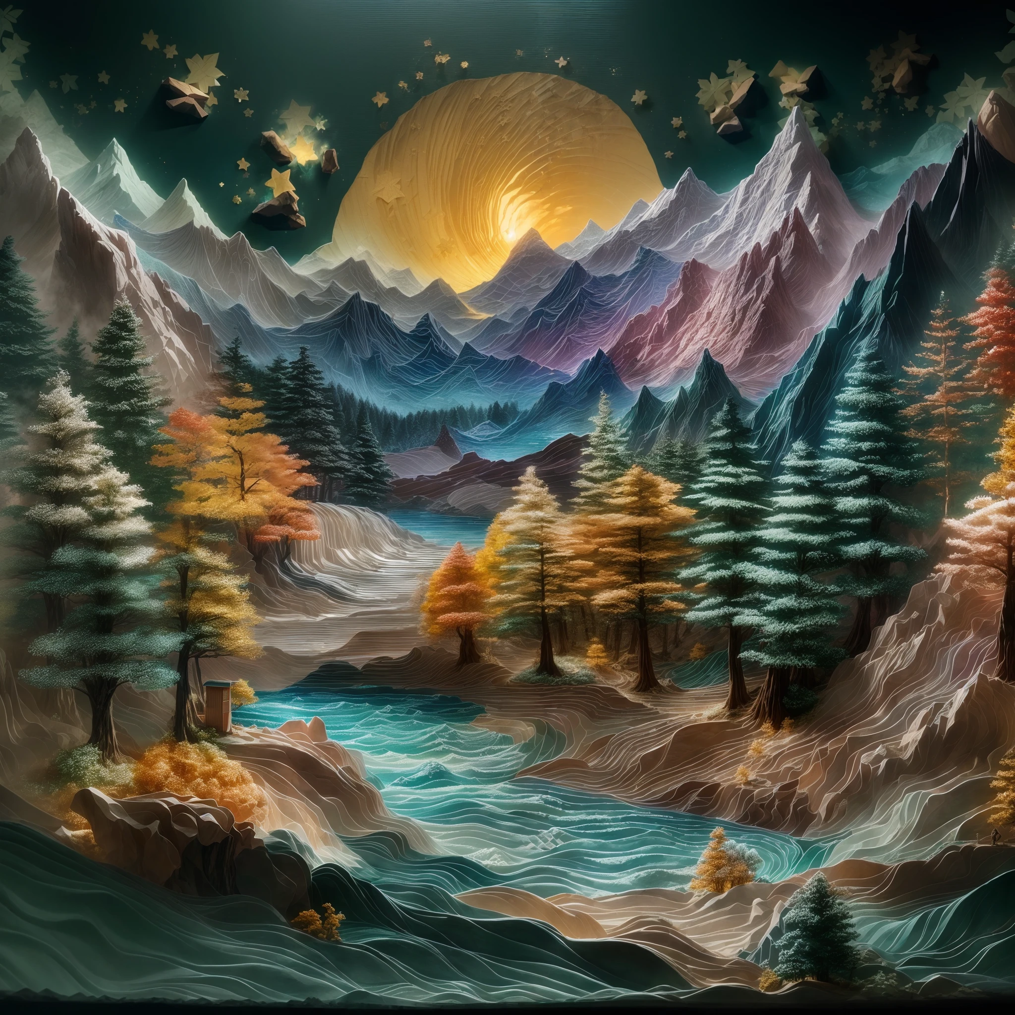 (sandbox:1.4),Movie Angle,(Haoyue, Starlight, Mountains, ln the forest, rivers),(paper art,Quilted paper art,geomerty),(Extremely colorful, Best quality, high detal, Masterpiece, Cinematic lighting, 4K, Chiaroscuro)