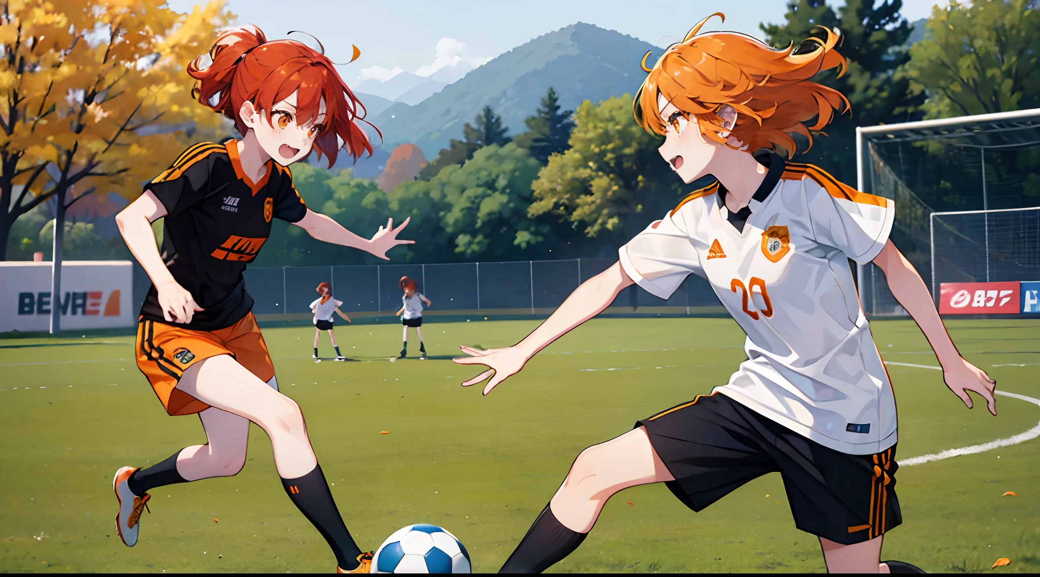 Two girls、autumnal、Orange hair、Orange Eyes、short-cut、Playing Soccer