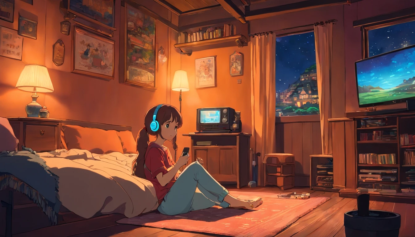 Girl listening to music in a cozy room at night, Usando fones de ouvido, Anime estilo 2D, Lo-fi, hd, Ambiente escuro