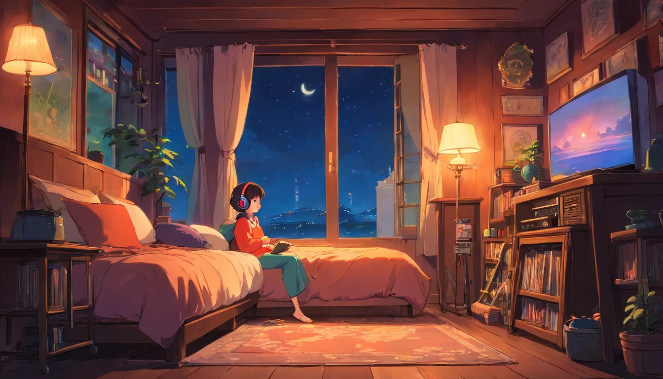 Girl listening to music in a cozy room at night, Usando fones de ouvido, Anime estilo 2D, Lo-fi, disco Rigido, Ambiente escuro