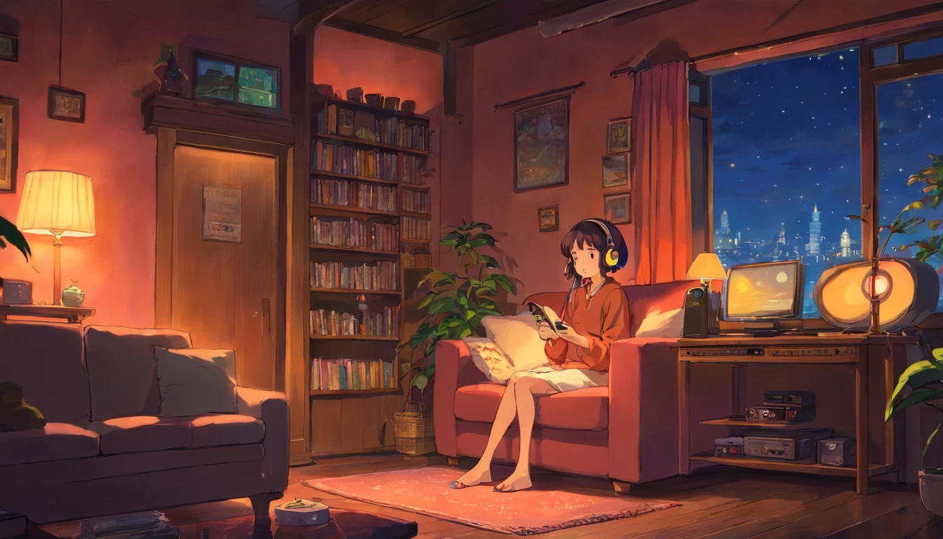 Girl listening to music in a cozy room at night, Usando fones de ouvido, Anime estilo 2D, Lo-fi, disco Rigido, Ambiente escuro