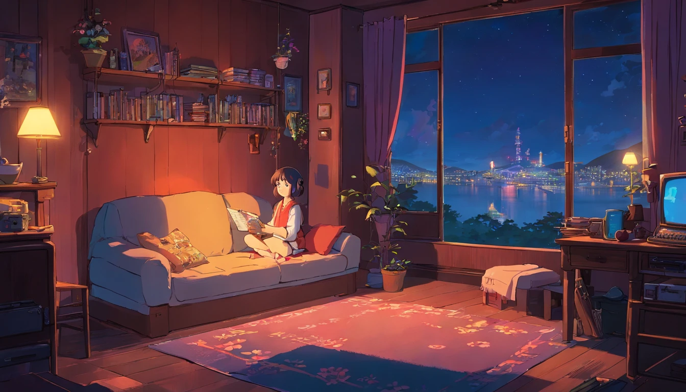 Girl listening to music in a cozy room at night, Usando fones de ouvido, Anime estilo 2D, Lo-fi, disco Rigido, Ambiente escuro