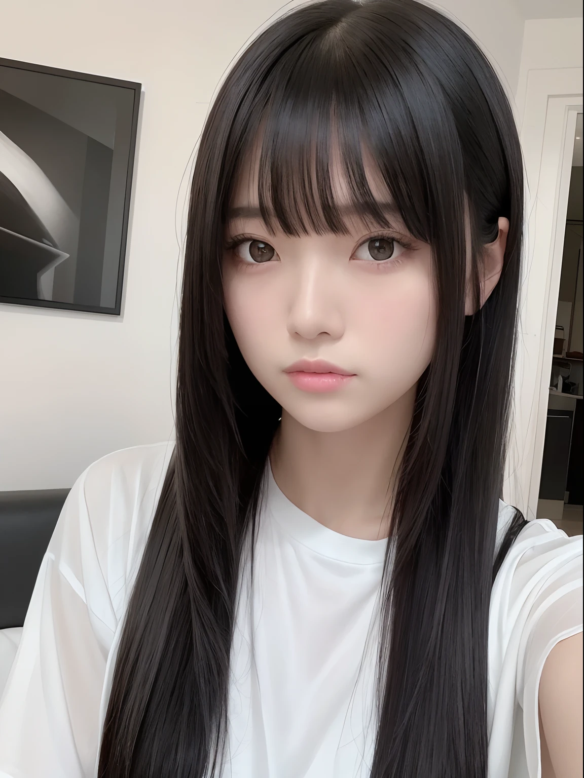 masterpiece, best quality,1girl, solo, black hair, realistic, long hair, black eyes, crop top shirt, bangs, kissing, selfie, bedroom, soft smile, closed mouth, upper body, hime cut