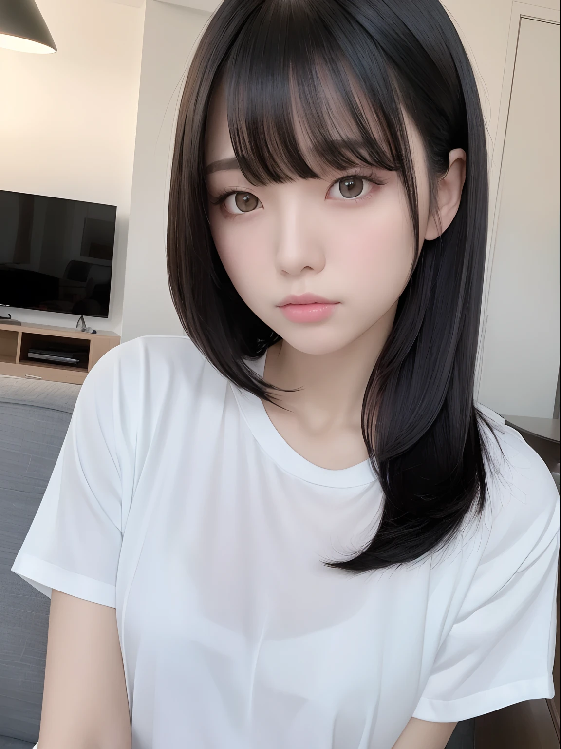 masterpiece, best quality,1girl, solo, black hair, short hair, realistic, looking at viewer, black eyes, long hair, plain white shirt, bangs, living room, closed mouth, upper body