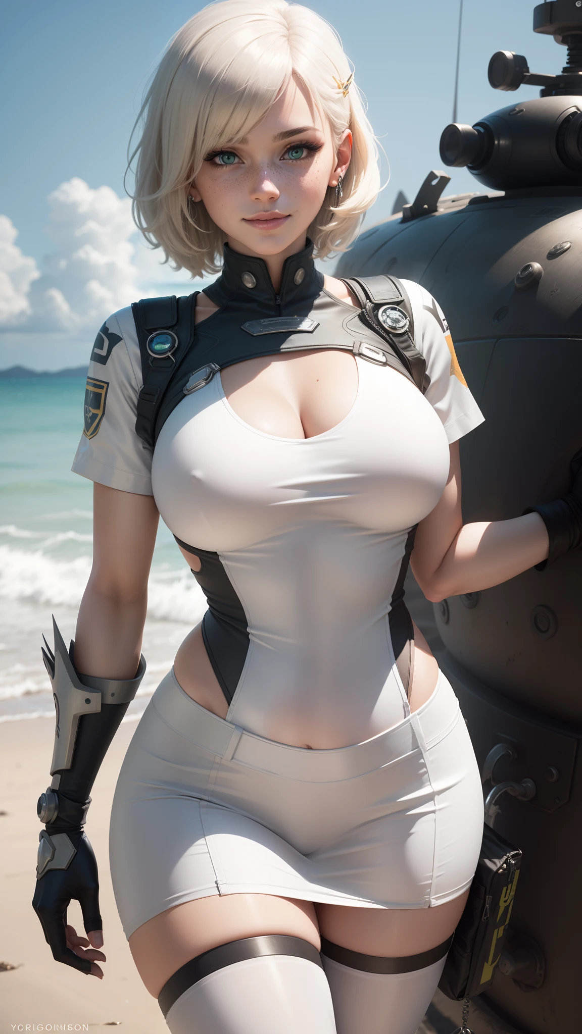 gwen tennyson,y'shtola rhul,yorha 2b, tracer,nier automata,overwatch,close up, mecha pilot,ocean view,tattoos,white and silver plugsuit,white short sleeve lycra top,steel bodycon micro skirt,steel garter belt,uncovered belly,short hair, cute makeup,green eyes,dimensional blonde hair,shy smile,freckles,beautiful girl,large breasts,8k,ultra detailed, realistic,fantasy art,cyborg armor,steel armor,tropical island,pilot uniform,ear piercings,hair pin,saiyan girl,saiyan female,short sleeve pilot jacket,