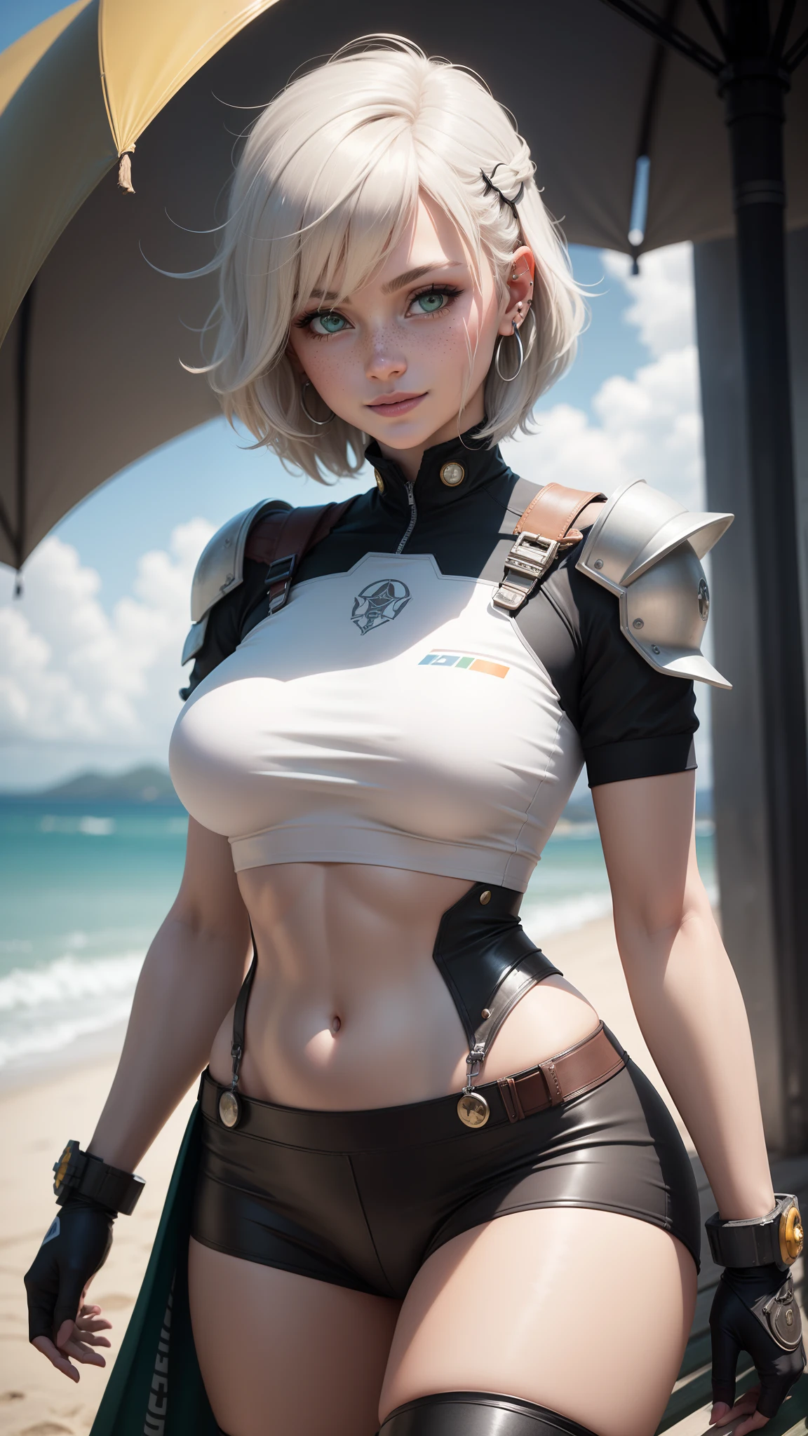 gwen tennyson,y'shtola rhul,yorha 2b, tracer,nier automata,overwatch,close up, mecha pilot,ocean view,tattoos,white and silver plugsuit,white short sleeve lycra top,steel bodycon micro skirt,steel garter belt,uncovered belly,short hair, cute makeup,green eyes,dimensional blonde hair,shy smile,freckles,beautiful girl,large breasts,8k,ultra detailed, realistic,fantasy art,cyborg armor,steel armor,tropical island,pilot uniform,ear piercings,hair pin,saiyan girl,saiyan female,short sleeve pilot jacket,