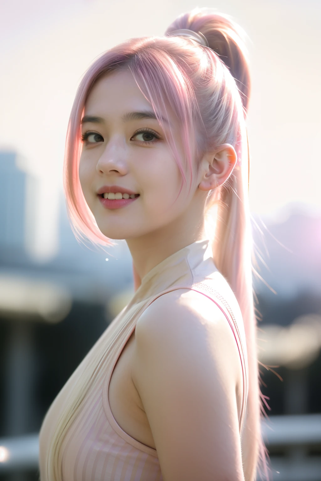 Portrait photo of a young girl, (laughing:0.7), pink ponytails hair, complex city background, backlit, (cinematic:1.5), epic realistic, hyperdetailed, insane details, intricate details, accent lighting, soft volumetric light, bokeh, (dramatic light:1.2), (neutral colors:1.3), cross process