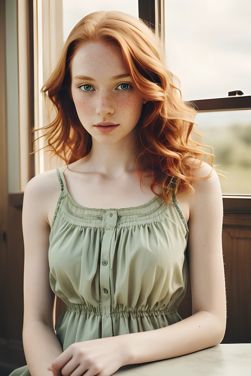 1girl in, age19, Solo, Aesthetic artwork, irish  redhead, wavy ginger hair, shoulder length ginger hair, gray eyes, light grey eyes, some small freckles, pale skin, A-cup, small breasts, runners body, (textured skin, skin pores:1.1), (moles:0.8), imperfect skin, goosebumps, sitting down having coffee, drinking coffee, (extremely detailed 8k wallpaper), soft lighting, high quality, film grain, Fujifilm XT3 sharp focus, f 5.6, 50mm, High Detail, Sharp focus,(natural light), in a green colored dress. A green sundress, floral pattern sundress, crazy details, complex details, hyperdetailed