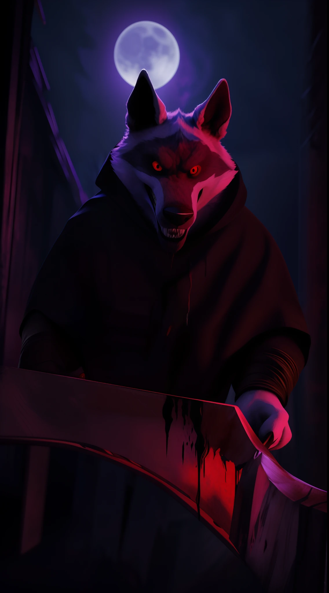 (best quality,4k,8k,highres,masterpiece:1.2),ultra-detailed,(realistic,photorealistic,photo-realistic:1.37),sinister furry assassin staring at the viewer, intense rage in its dark red eyes, holding a blood-soaked knife, full-body covered in blood, face smeared with blood, chilling Halloween atmosphere, dark and eerie setting, menacing presence, sharp and dangerous claws, bloodstains dripping from its fur, mysterious shadows lurking in the background, eerie moonlight casting haunting shadows, haunting and macabre vibes, horror-themed artwork, vivid and intense colors, dramatic lighting effects, intensified evil expression.