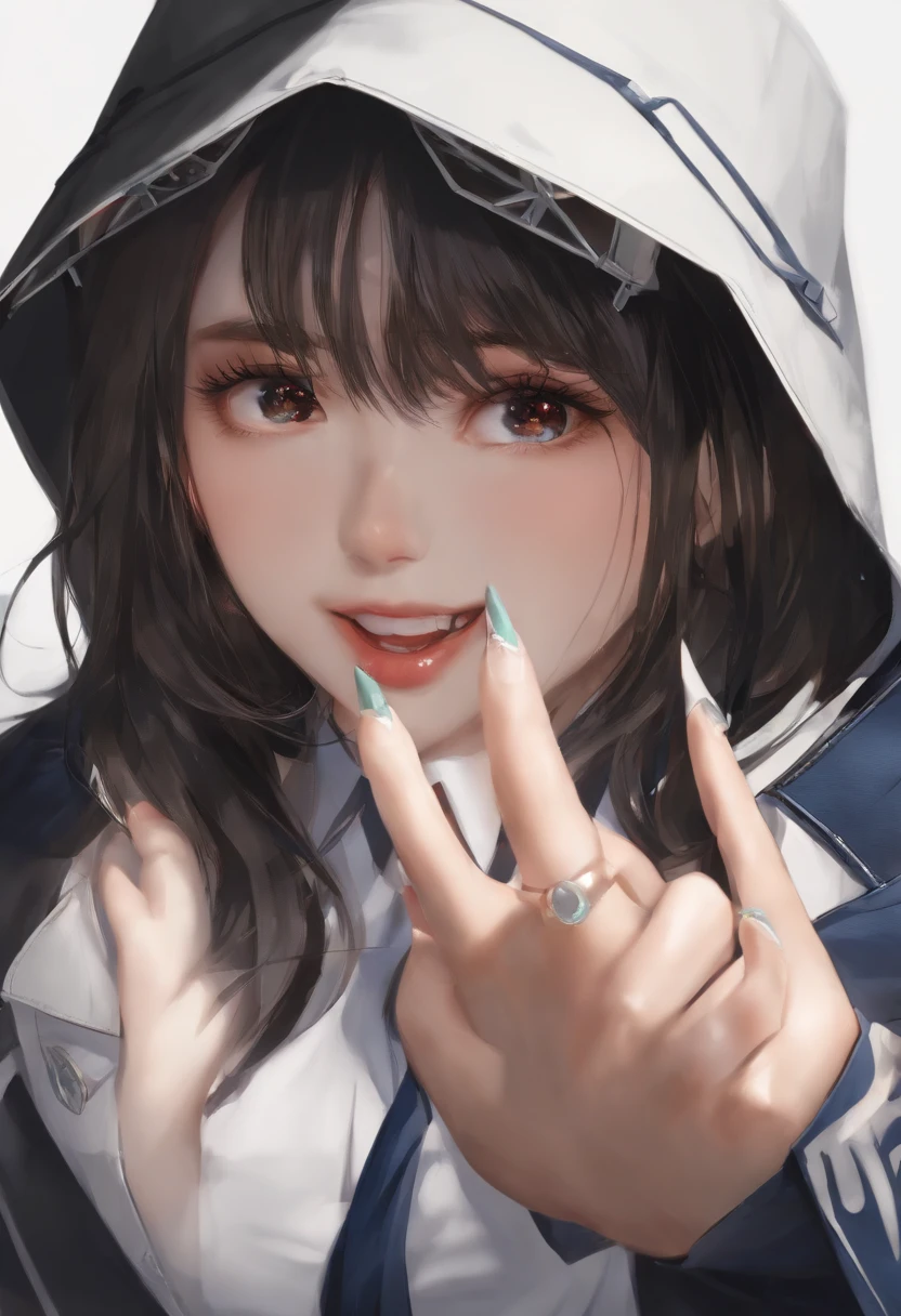 With your right hand, make a V shape with your index and middle fingers, and bring the back of your hand to your mouth facing forward.、Open your mouth wide from between the letters V.、Girl in a short cut in uniform