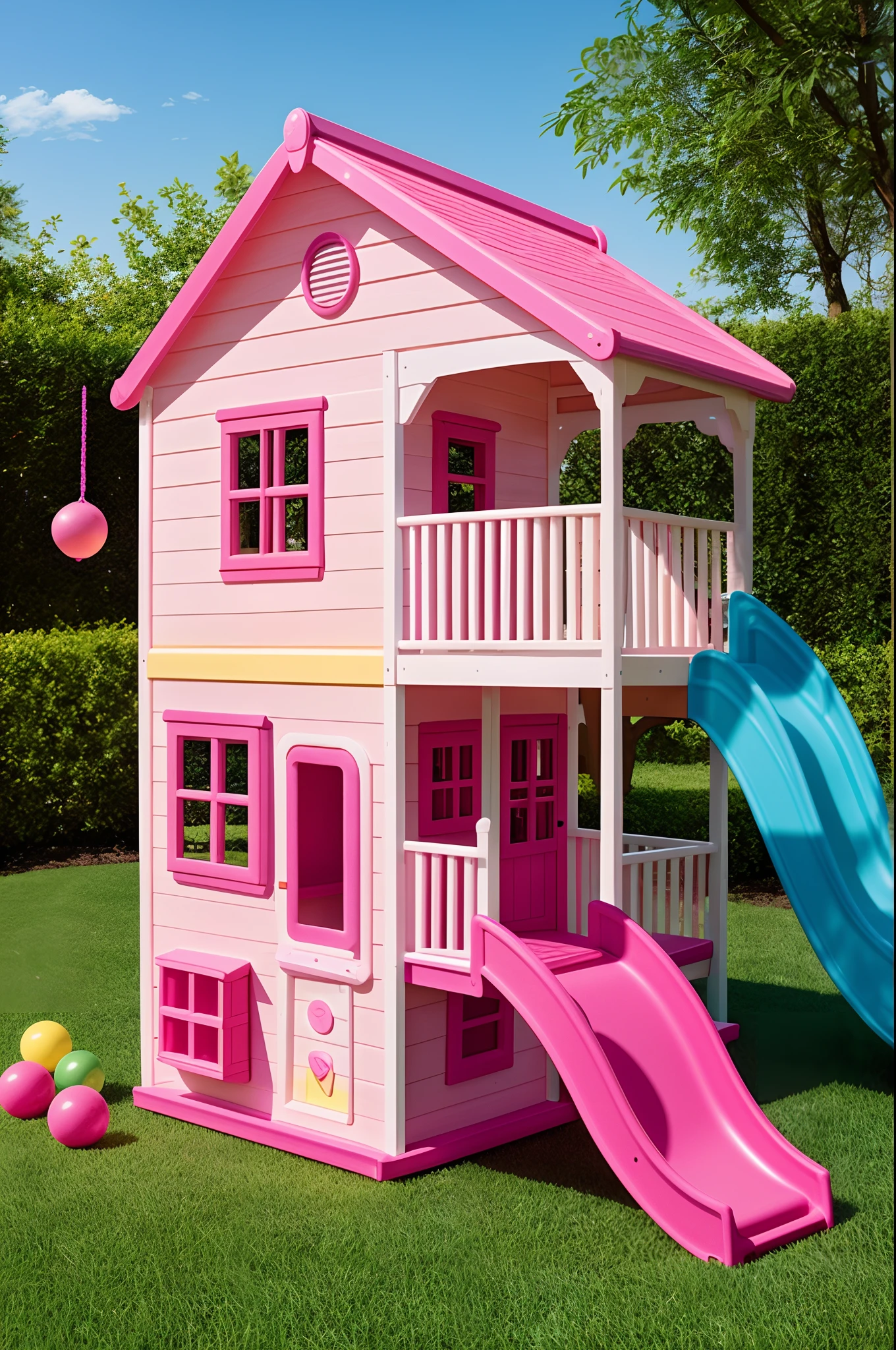 Pink kid playhouse with slide, centered, photorealistic, intricate details, cute design, colorful plastic balls