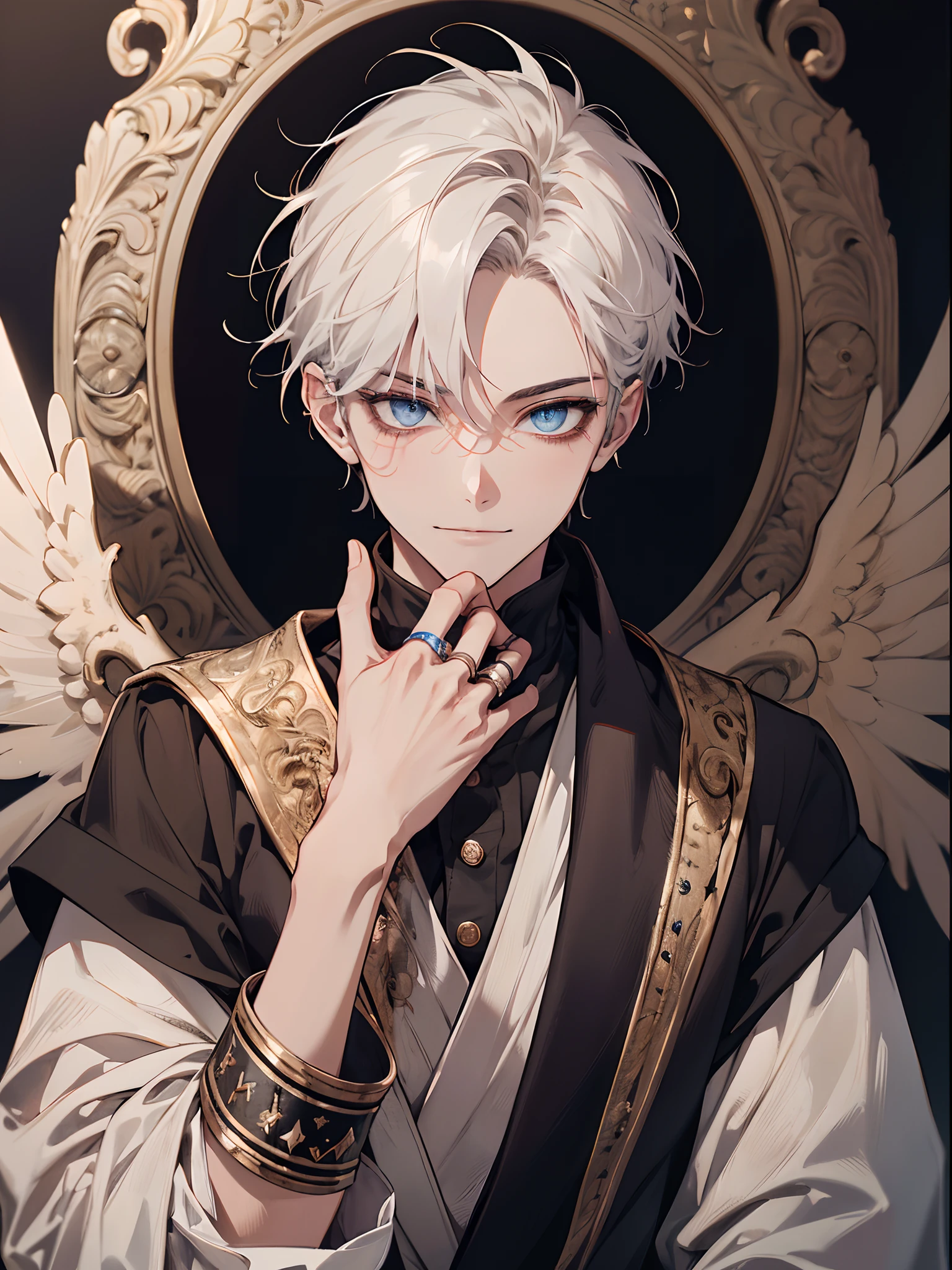(absurdres, highres, ultra detailed), 1 male, adult, handsome, finely detailed blue eyes and detailed face, Emperor,, ring in background, Visual art, Occult, Universal, Vision casting, Philosophical, Iconography, Numerology, Popularity, Artistic, short hair, smile, calm expression, half shot