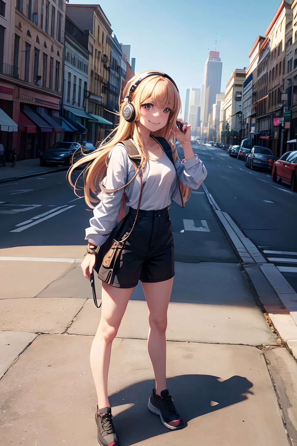 Top quality, high resolution, perfect human anatomy, medium chest, happy smile, in town, detailed background, headphones, meeting, full body angle, looking at watch, city background, swept bangs,