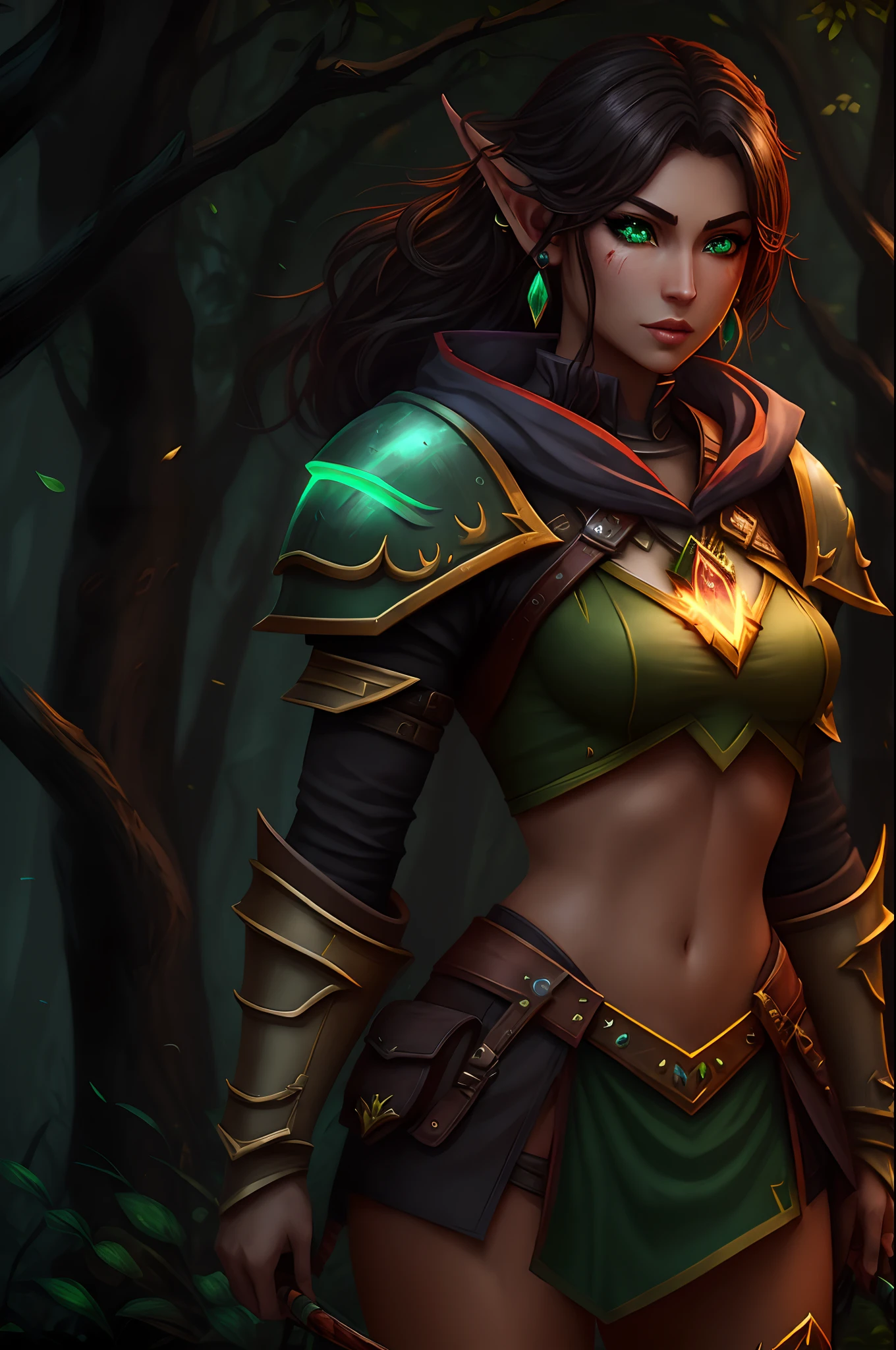 “World of Warcraft” Female “blood elf” hunter “tan skin” “chin length black hair” “glowing green eyes” “short ears” “no earrings” “blue armor” “bow and arrows “ “full body” “photorealistic” “Forrest background”