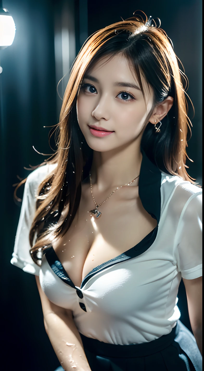 (((32ｋ,high detal,high-detail、​masterpiece,Attention to detail,full body Esbian,独奏))),Raw photo & realistic atmosphere,beautiful dark blue eyes,Detailed mouth,Glossy lips,Detailed eyebrows,Eyes drawn in detail with soft white skin that shines with every detail、azure eyes,Very beautiful eyes,Detailed lips、Very beautiful face,Very well-formed face、Lifelike face,shiny beautiful lips, Realistic Young Gravure Idol, Very beautiful woman, , Young Sensual Gravure Idol, Young Gravure Idol, Beautiful and cute mature woman 26 years old,the whole body is wet,dripped out,with a flushed face,Incredibly beautiful, Sexy and classy１6-year-old girl,semi-long brown shiny hair,Hair is wet,Dripping water,dripping,(Looking at the camera：1.4）,（darkness,Very dark,Use a flashlight、Illuminate the subject in a pitch-black room with no light：1.7）,（A sexy,Healthy toned body,HDT Vision Japan HDT Vision Black HDT Vision Black HDTV Uniform,((ty)),,Mature body, I'm anxious and about to cry,Moist eyes,cold smile,glareing,The glaring face is also beautiful,High-resolution arm,,high-definition fingers,：1.5）,（(Collared buttoned shirt、Super huge、pencil skirts、a necklace、piercings、Sit upright with sexy legs、full body Esbian:2.0、houseplant:3.0、s Office)),((From the knee up:2.0、Backward posture:2.0、The back is visible)）