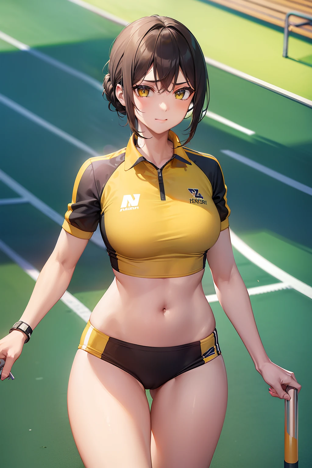 woman.(track and field). (world athletics).(yellow track uniform:1.2).(spectator seats).(packed auditorium).(separate track and field uniform).competition.(4+woman:1.5), perfect hands, thigh gap, show belly,