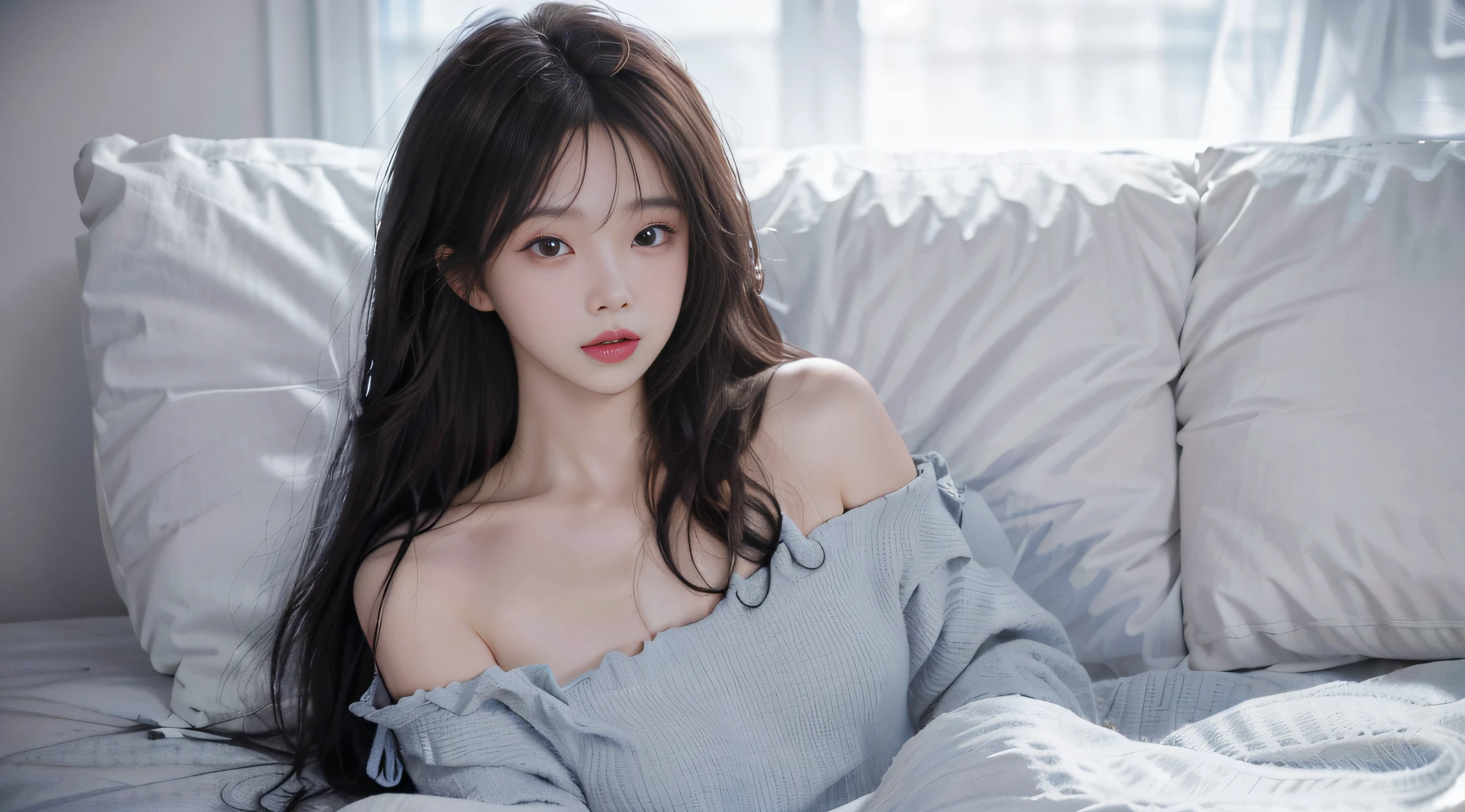 film portrait photography, 1girl, bare shoulders, wavy shoulder-length hair, serene, calm, (realistic detailed eyes, natural skin texture, realistic face details), soft dramatic lighting, depth of field, bokeh, vibrant details, finely detailed, hyperrealistic, 35mm film, hazy blur