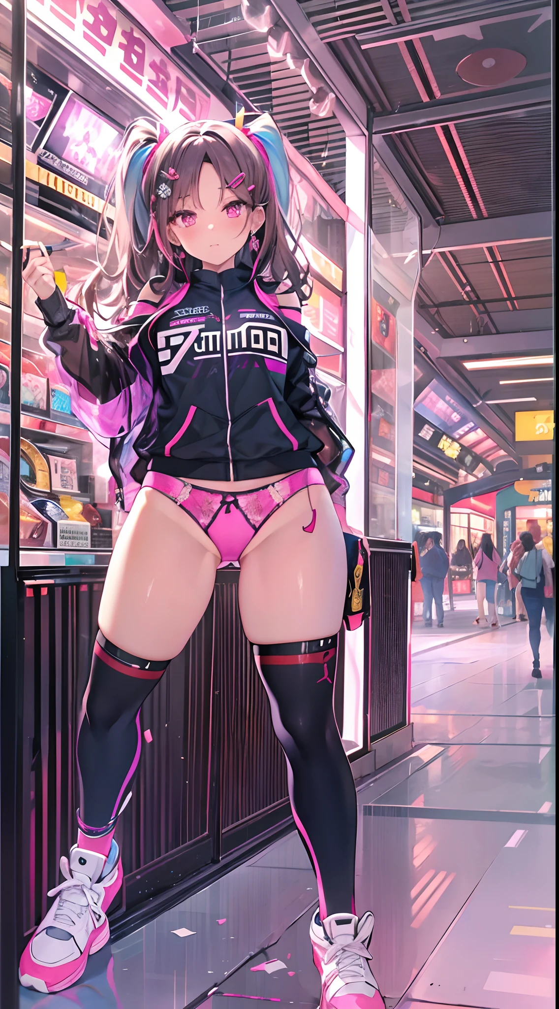 ((Masterpiece)), best quality, absurderes, ultra detailed, holographic, cowboy shot, golden ratio, super cute girl, mature girl, idol girl, super beautiful asian girl with very beautiful violet glowing eyes, beautiful glowing brown multicolored hair, high ponytail, nice and sexy body, slim body, perfect body, an anime printed super tight off shoulder long sleeve crop top, a super aesthetic transparent mini jacket, beautiful hair ornament, pink jordan tennis, being photographed in a mall shop,( undressing, showing neon pink panties, showing thong: 1.5)